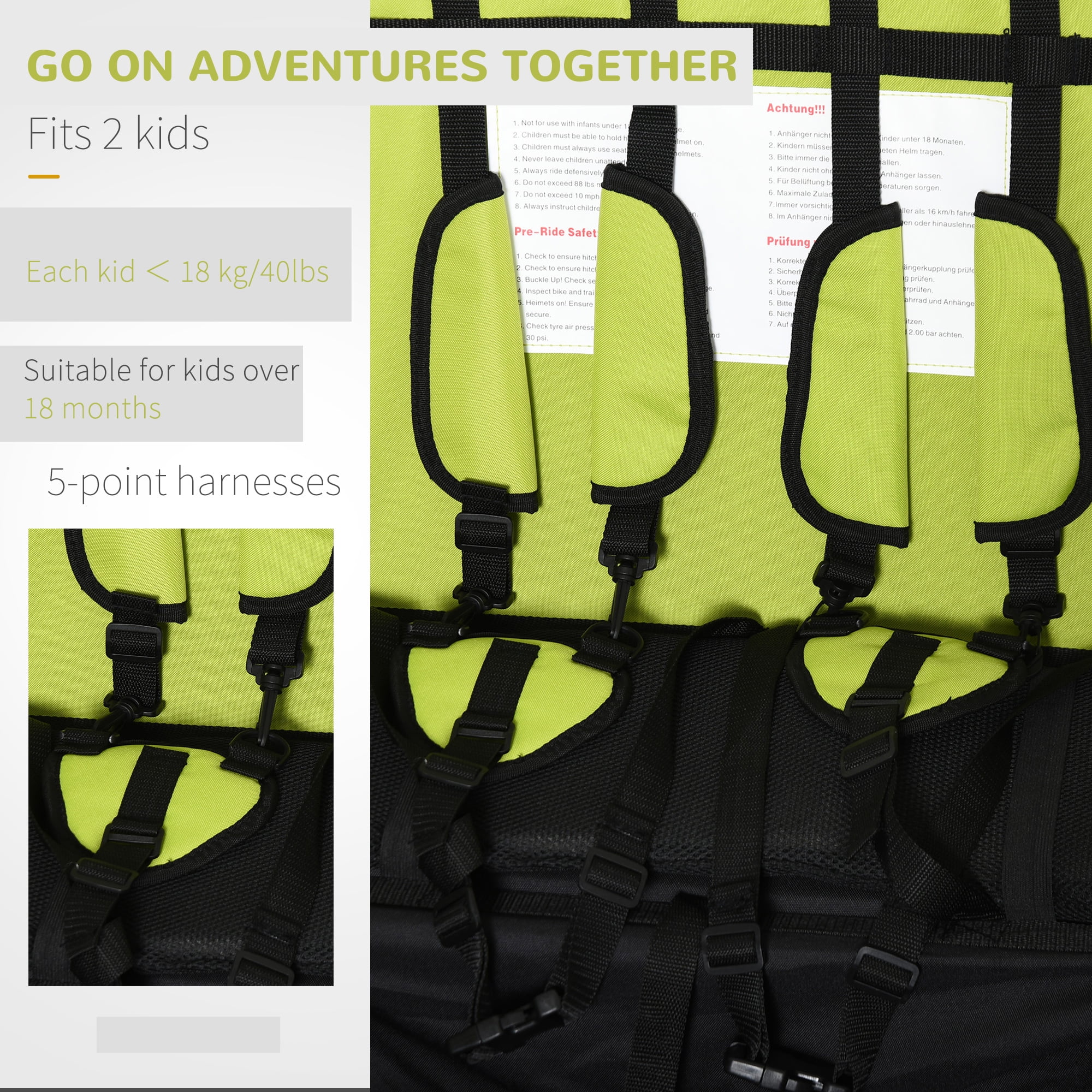 Aosom 2-in-1 Double Child Two-Wheel Bicycle Cargo Trailer with 2 Safety Harnesses, Green - Womvr