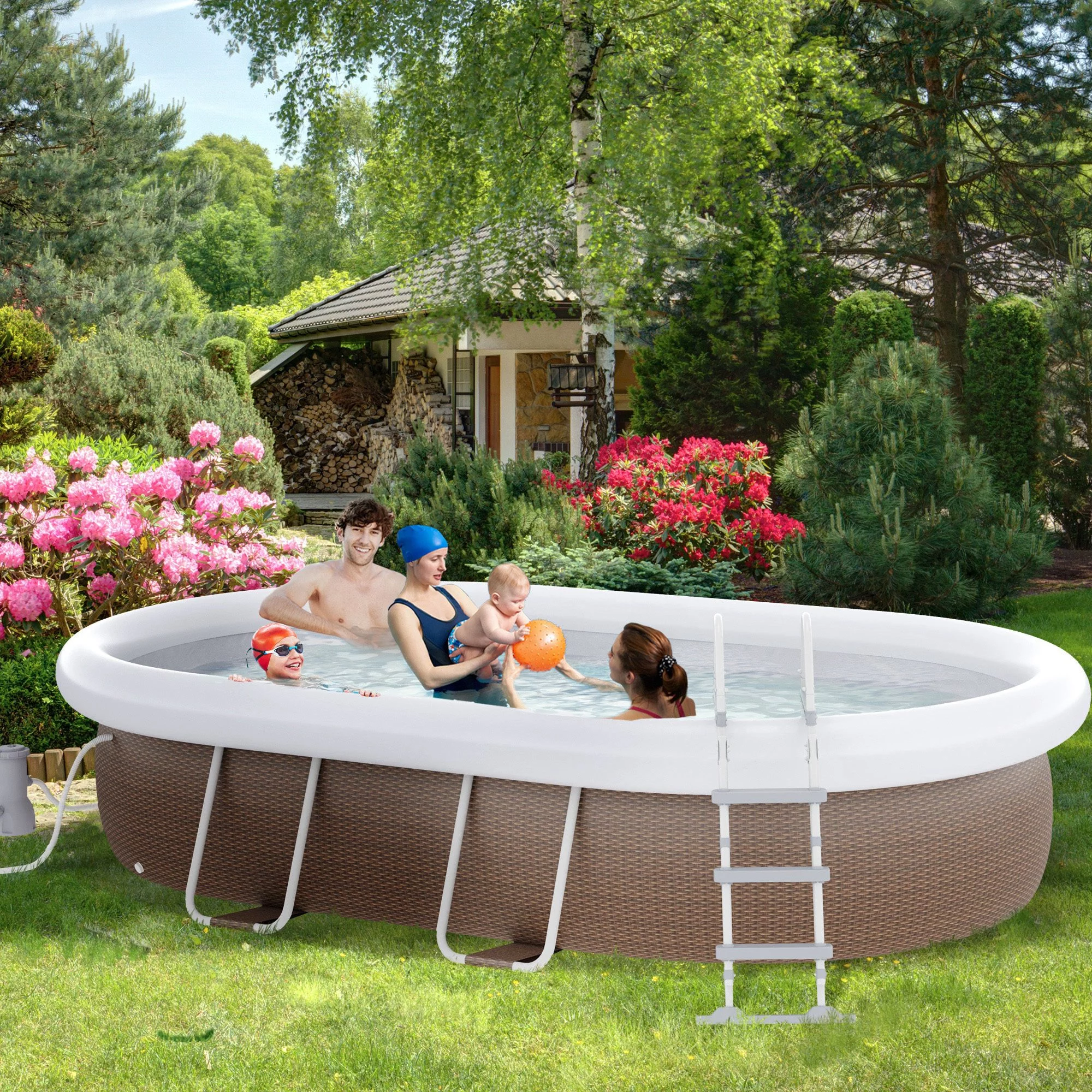 Outsunny Above Ground Swimming Pool, Semi-Inflatable Frame Pool, Brown - Womvr