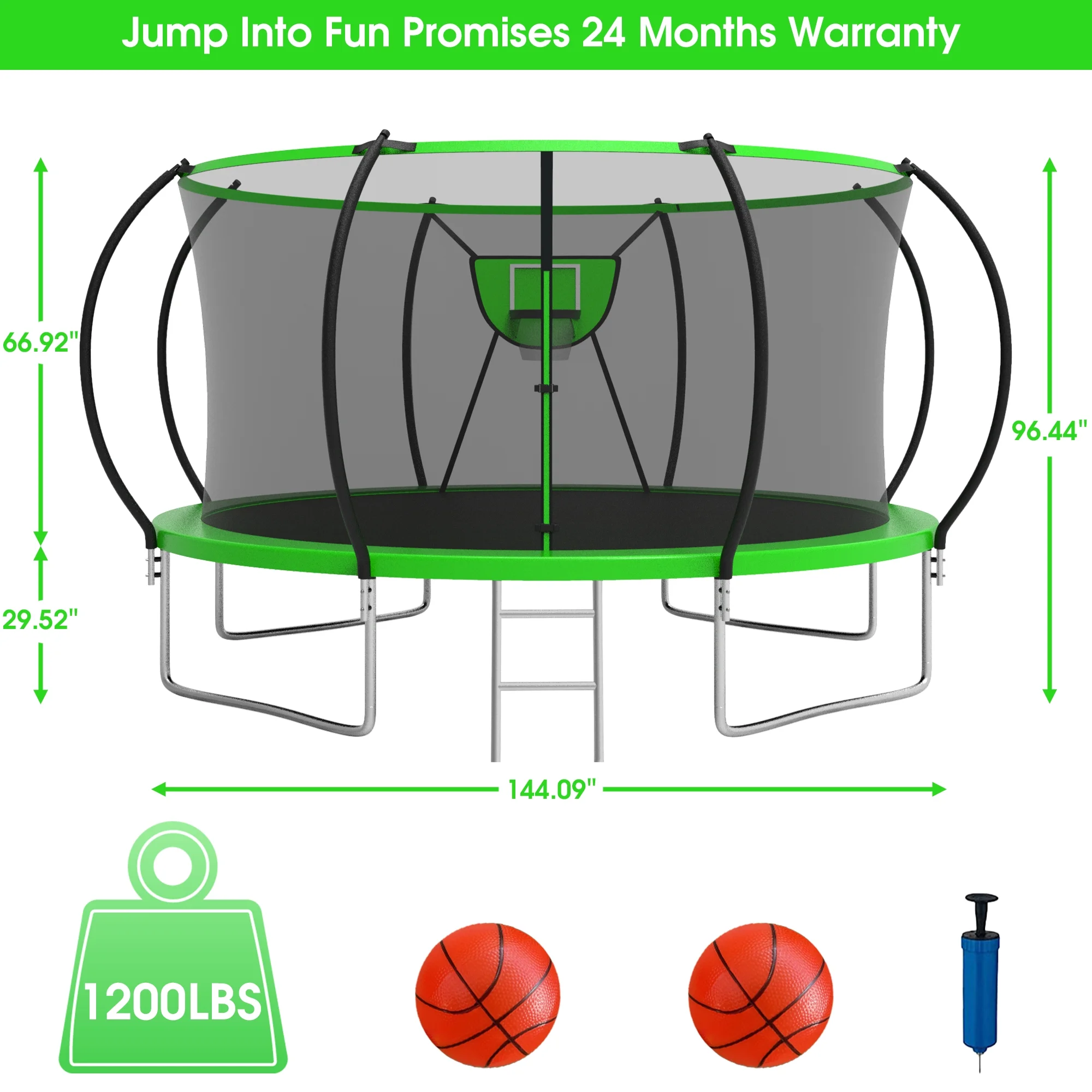 Jump Into Fun Trampoline 12FT 14FT, Trampoline with Enclosure, Basketball Hoop, 2 Balls, LED Light, Sprinkler and Socks, 1400LBS Trampoline for 1-2 Adults/ 4-5 Kids, Outdoor No Gap Design Trampoline - Womvr