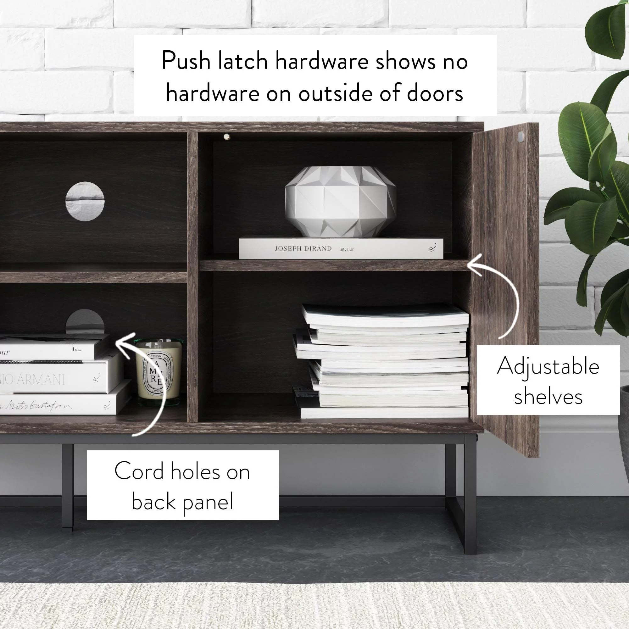 Nathan James Dylan Media Console Cabinet TV Stand with Hidden Storage Herringbone Pattern Wood Metal, Gray/Black - Womvr
