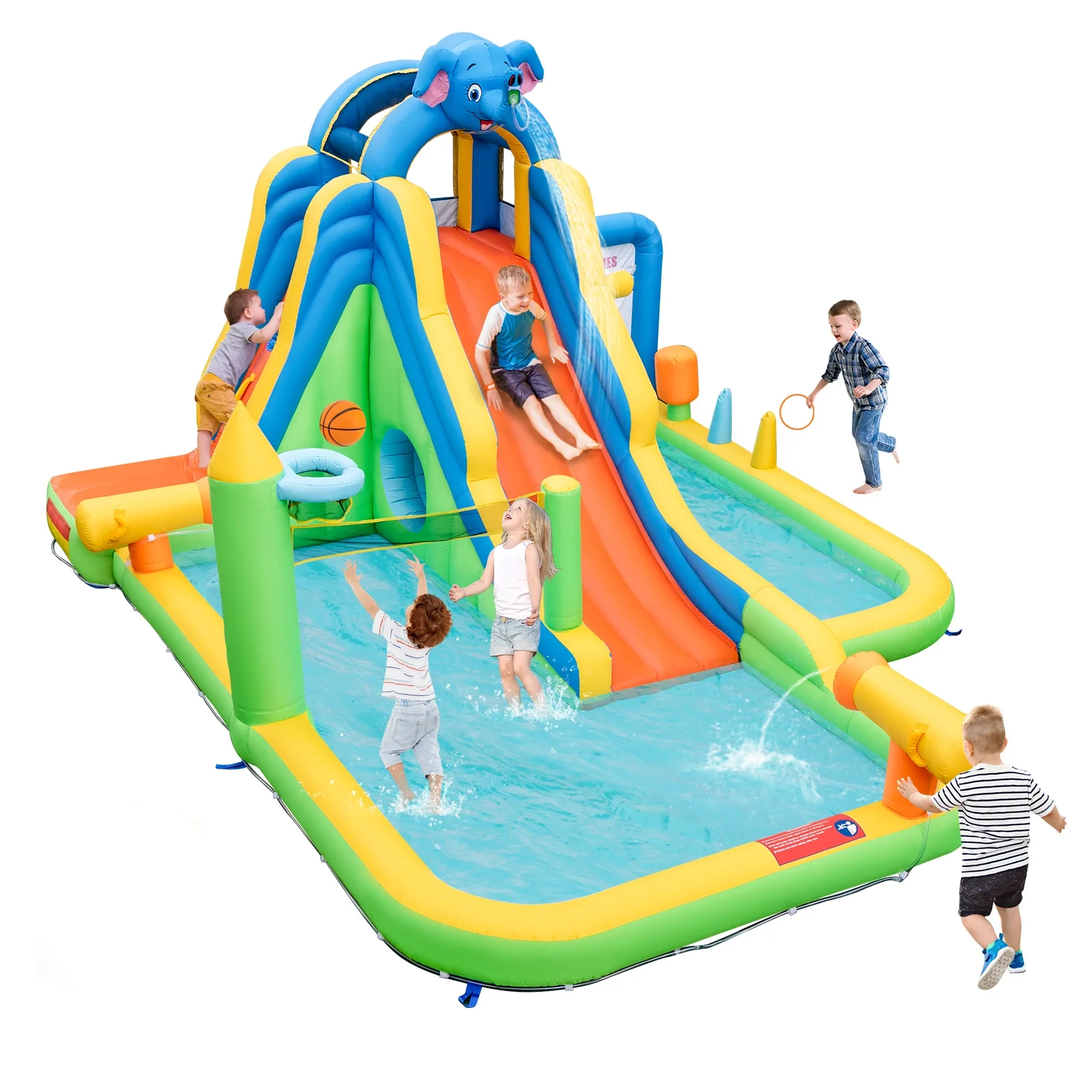 Topbuy Inflatable Water Slide 9-in-1 Blow-up Water Park for Kids with Splash Pool Climbing Wall Water Guns Basketball Toss - Womvr
