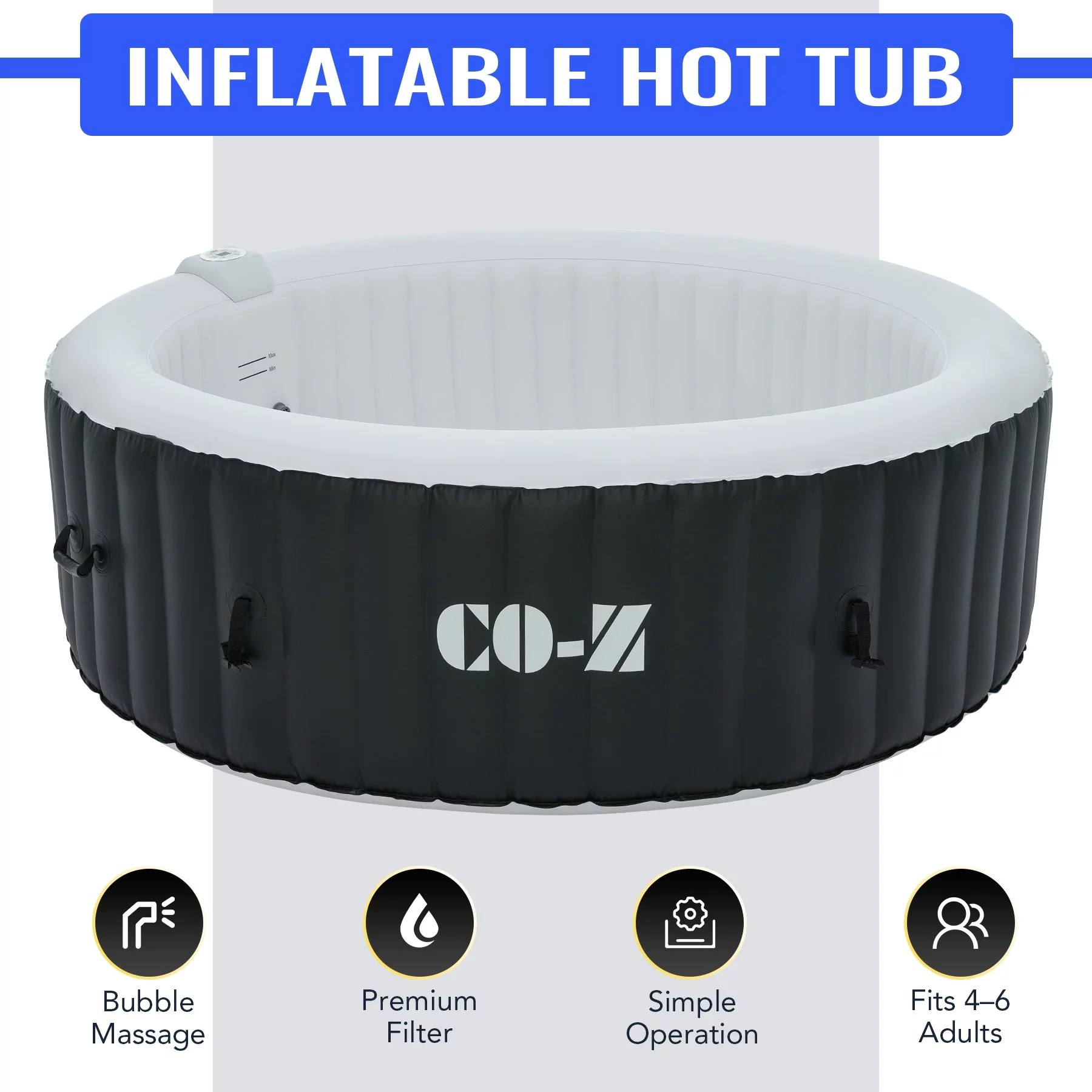 CO-Z 6 Person Inflatable Hot Tub 7ft Indoor Outdoor Spa with 130 Jets Heater Cover Pump Black - Womvr