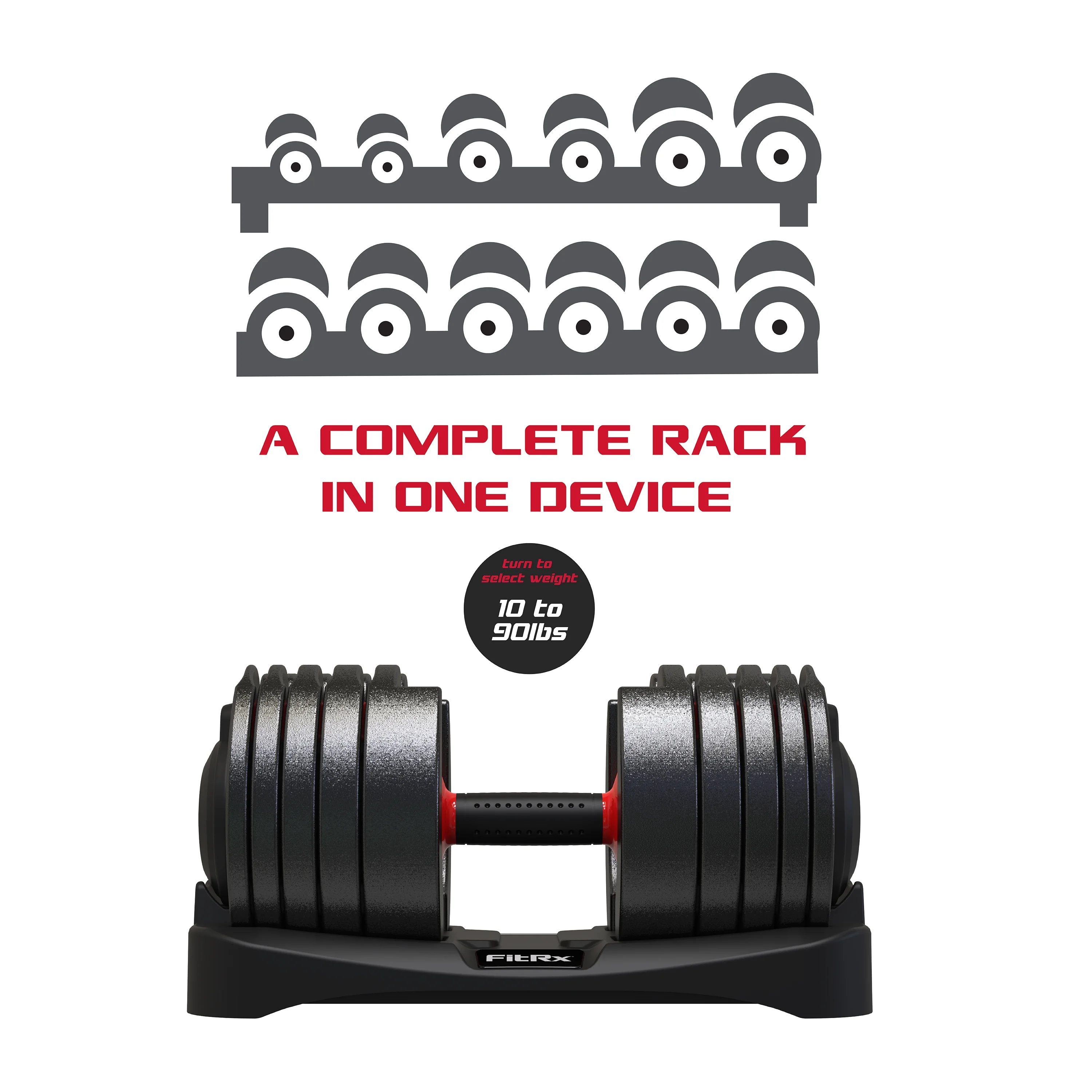 FitRx SmartBell XL, Quick-Select Adjustable Dumbbell, 10-90 lbs. Weight, Black, Single - Womvr