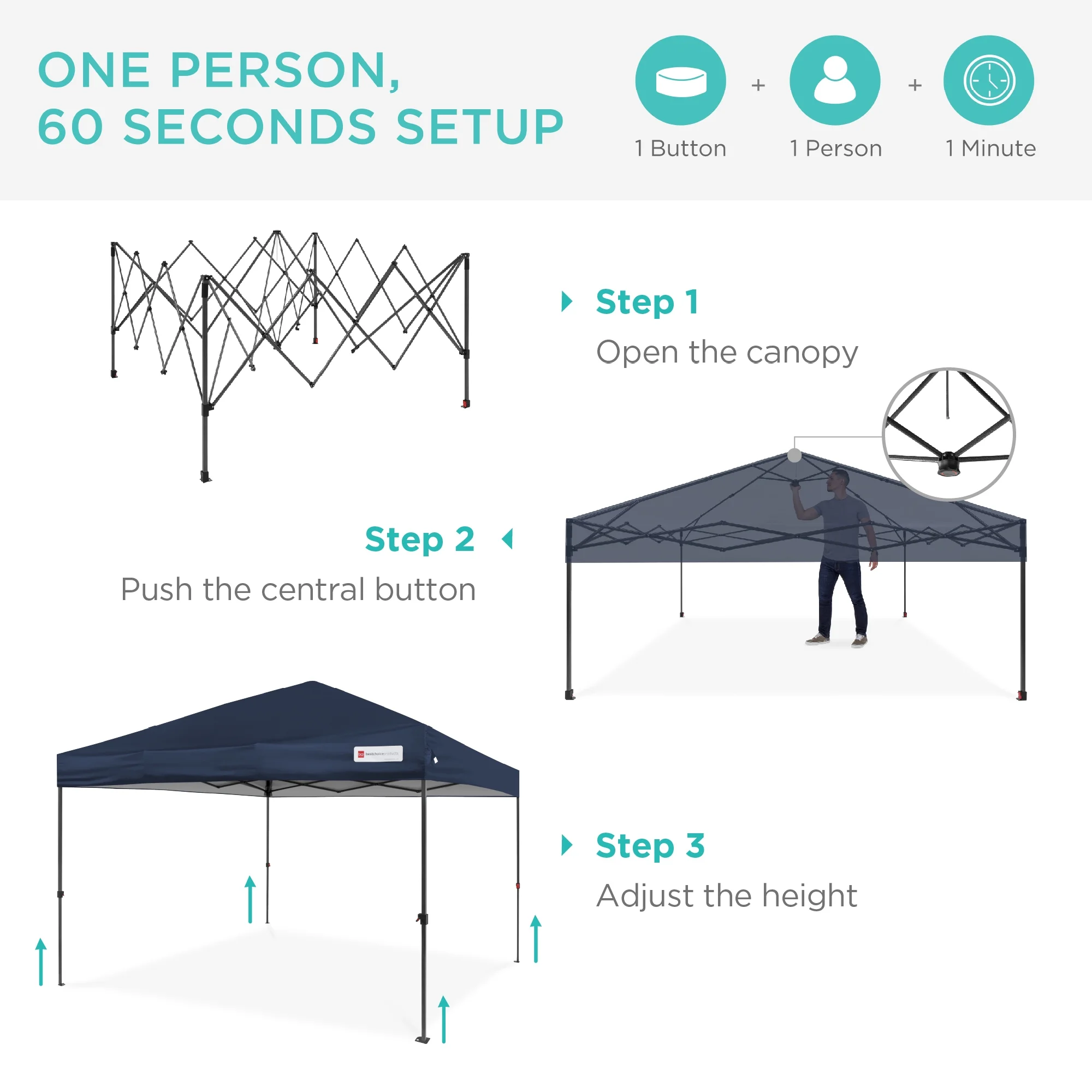 Best Choice Products 10x10ft Easy Setup Pop Up Canopy w/ 1-Button Setup, Wheeled Case, 4 Weight Bags - Cerulean - Womvr