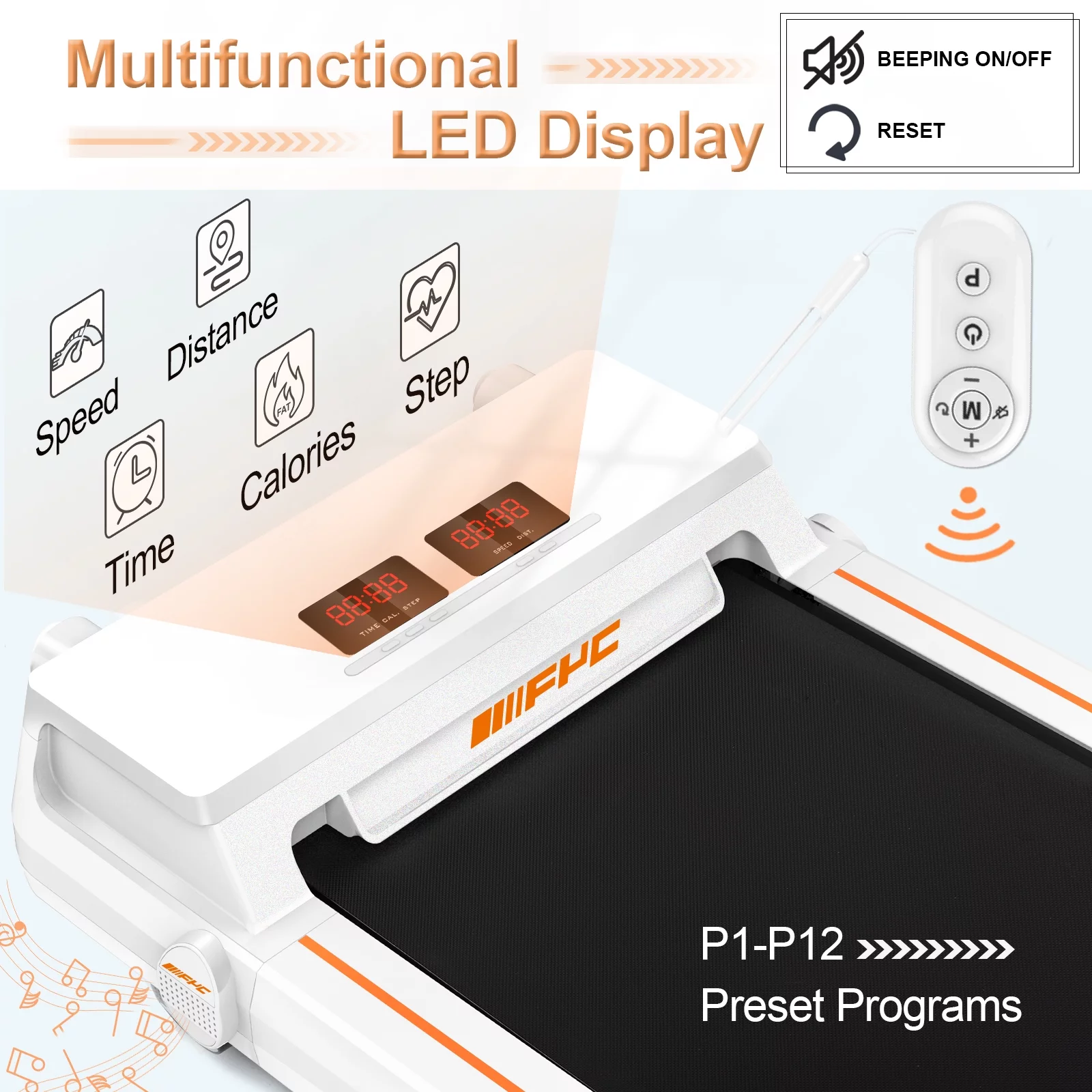 FYC Under Desk Treadmill for Home Office, Slim Walking Smart Treadmill with APP/Bluetooth/Remote Control - Electric Treadmill with LED Display, Running Walking Jogging - White - Womvr