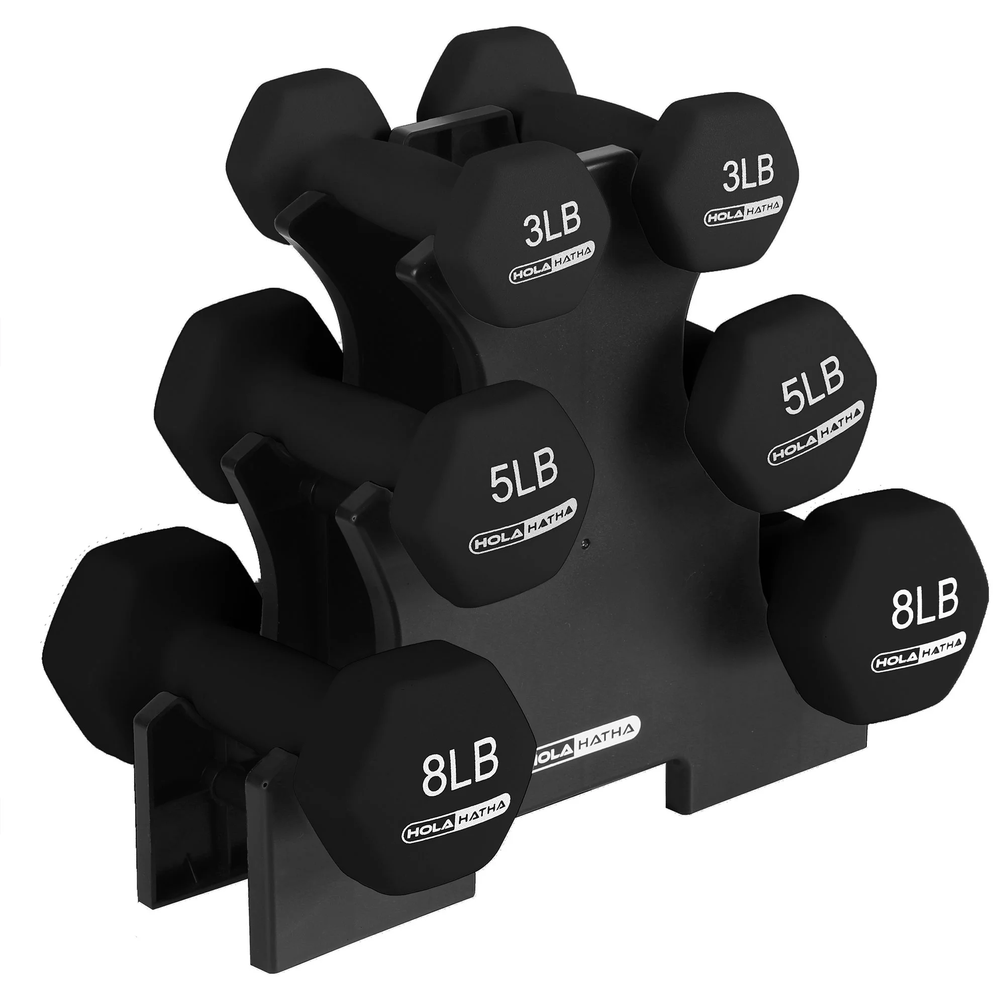 HolaHatha 3, 5, and 8 Pound Dumbbell Hand Weight Set with Storage Rack, Multi - Womvr