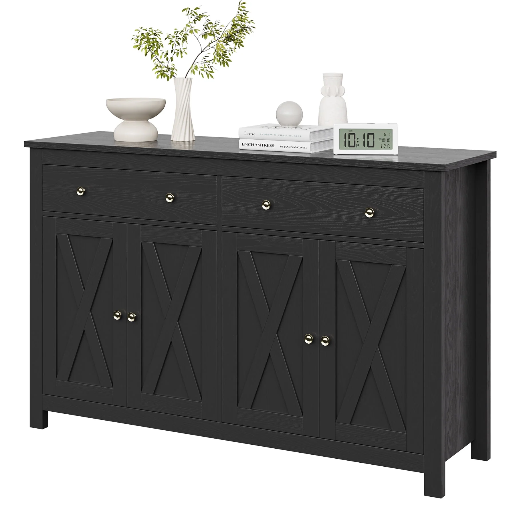 Homfa 4-Doors 2-Drawers Farmhouse Storage Cabinet, Wood Sideboard with Adjustable Shelves for Kitchen Dining Room, White - Womvr