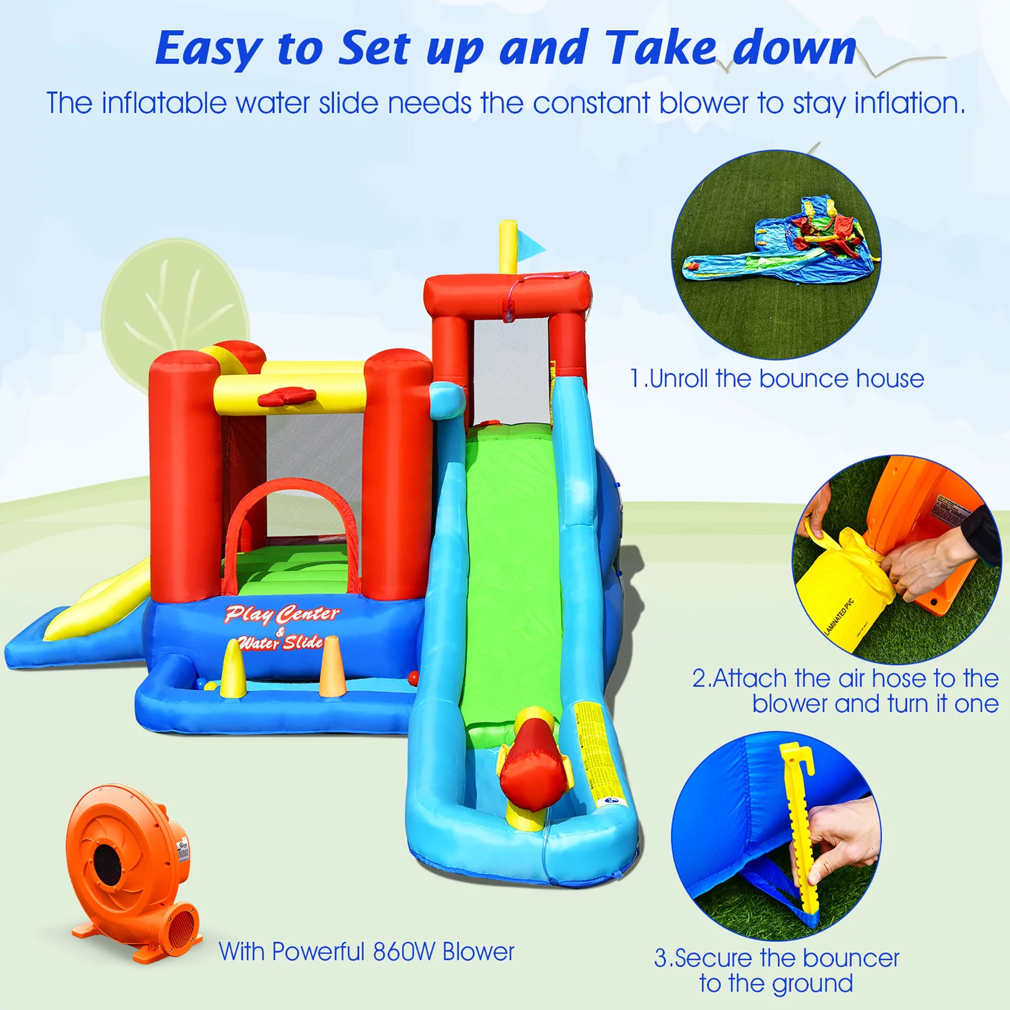 Costway 9-in-1 Inflatable Water Slide Kids Bounce Castle Giant Splash Pool with 860W Blower - Womvr