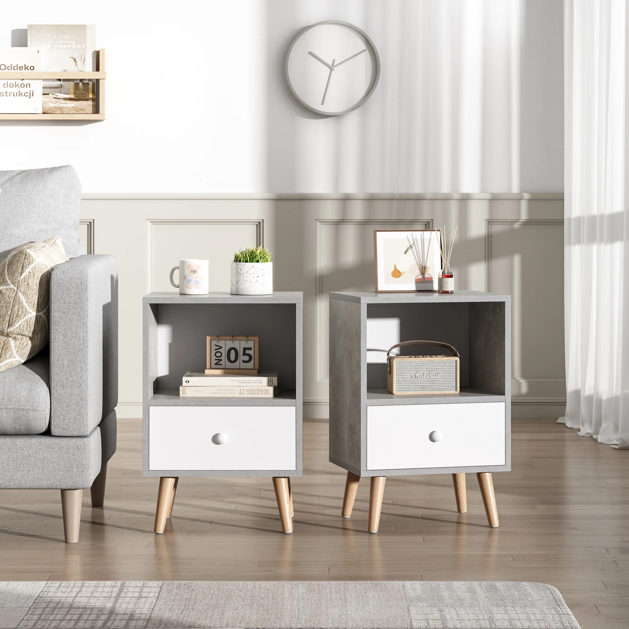 JAXPETY Nightstands Set of 2, Night Stand with 1 Drawer and Open Shelf Storage, End Table, Side Table, for Bedroom, Living Room, Natural Wood & White - Womvr