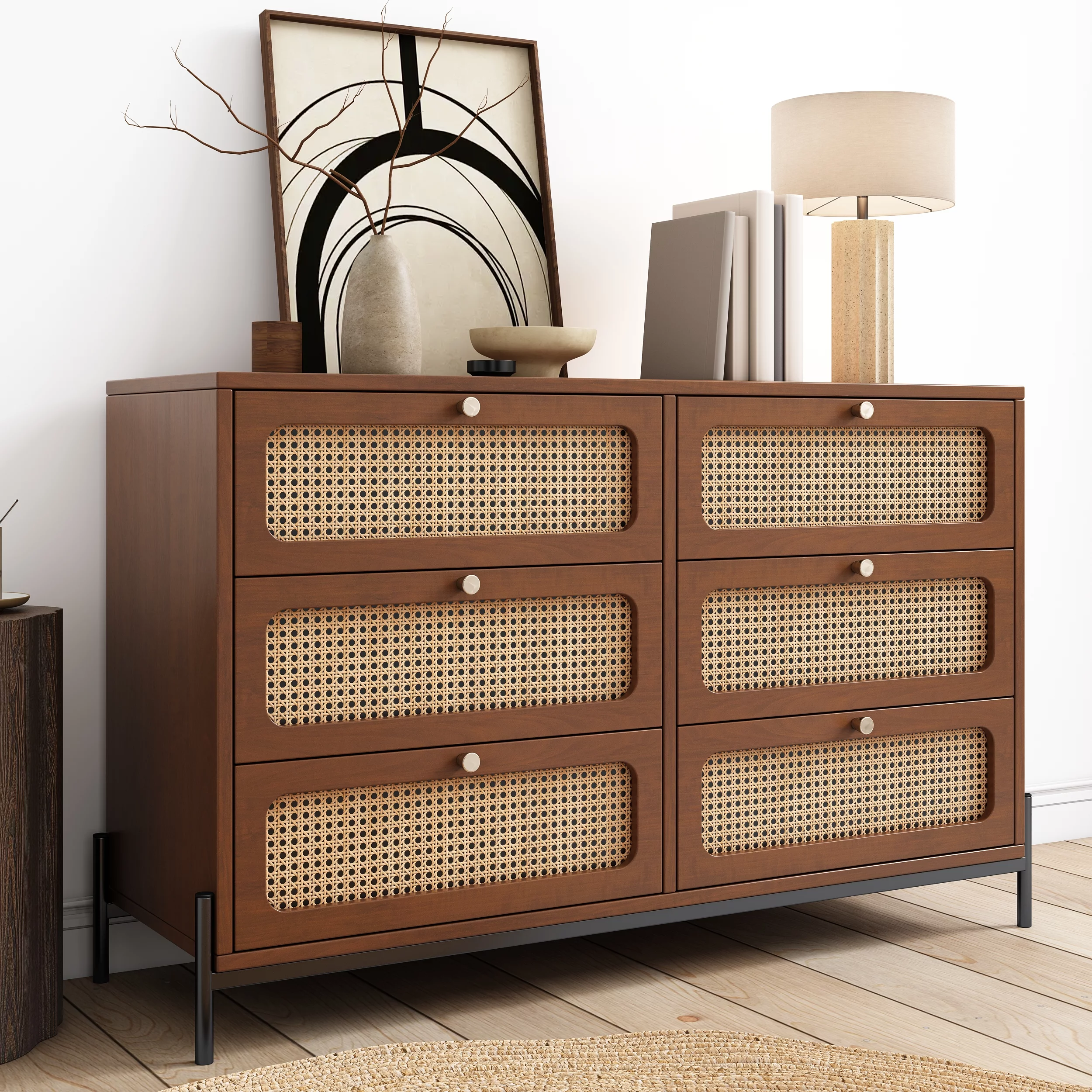 Modern Cannage Rattan Wood Closet 2-Drawer Side Table End Table Nightstand for Bedroom, Living Room, Entryway, Hallway, Walnut - Womvr