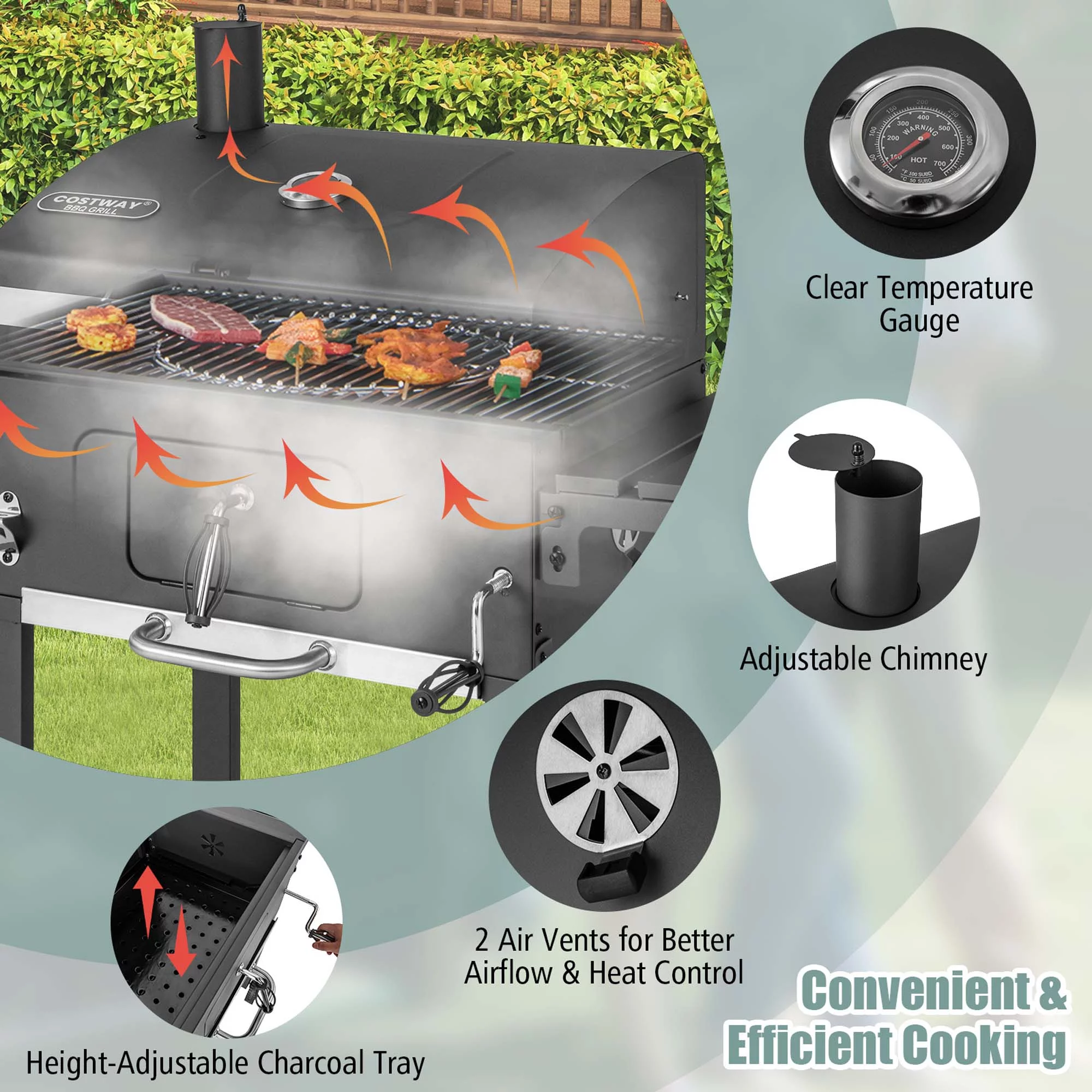 Costway Outdoor Charcoal Grill 391 sq.in. Cooking Area 2 Foldable Side Table BBQ Camping - Womvr