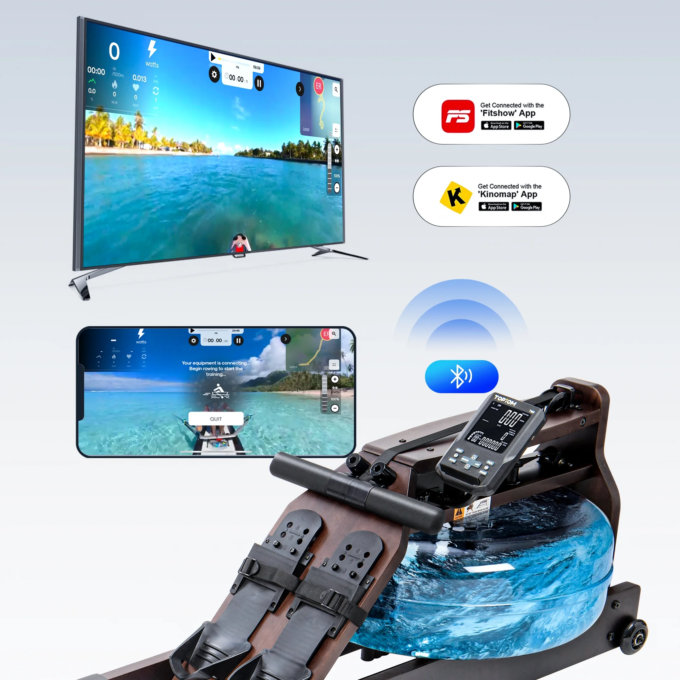 Topiom Water Rowing Machine with TM-3 Performance Monitor Bluetooth Connected 400 lbs Max Load - Womvr