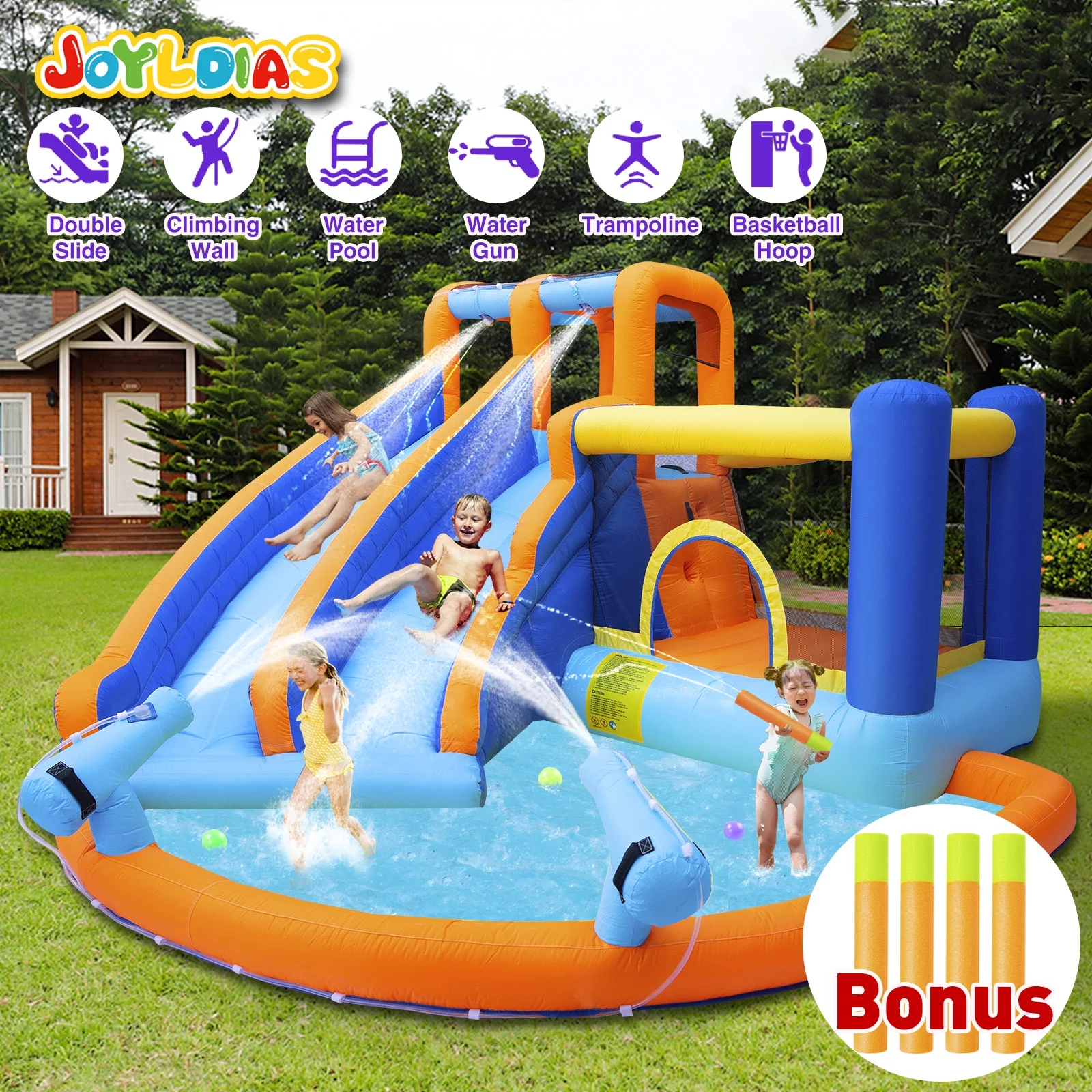 JOYLDIAS Kids Inflatable Water Slide Giant Water Park Double Slide Bouncer Playhouse Castle with 4 Water Guns, Pool, Jump Area, Climbing Wall, Air Blower - Womvr