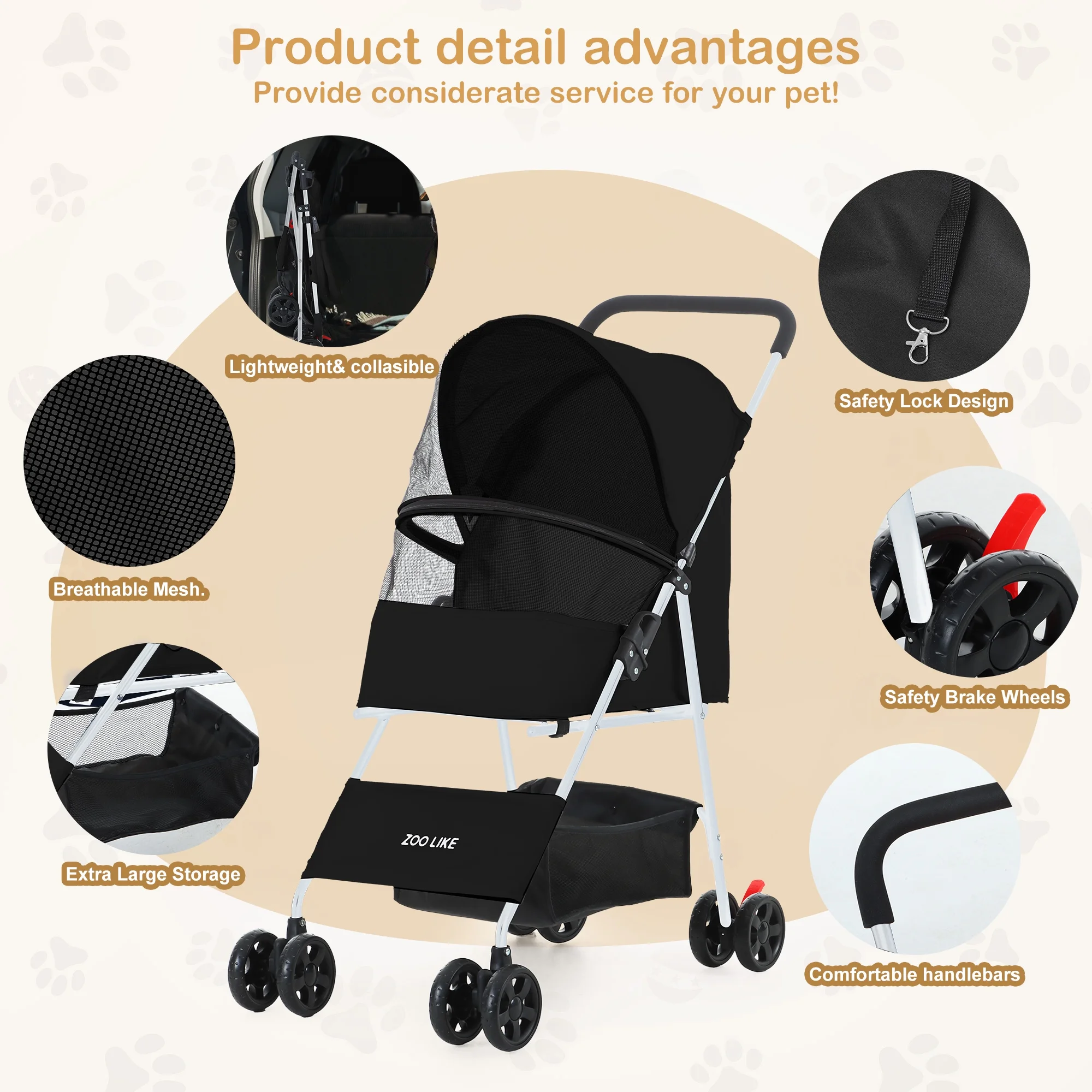 Zoolike Pet Stroller Cat Dog Cage Stroller Travel Folding Carrier .Foldable Carrier Strolling Cart for Small Medium Dog, Cat W/ Storage Basket ,Safety Tether ,Black - Womvr