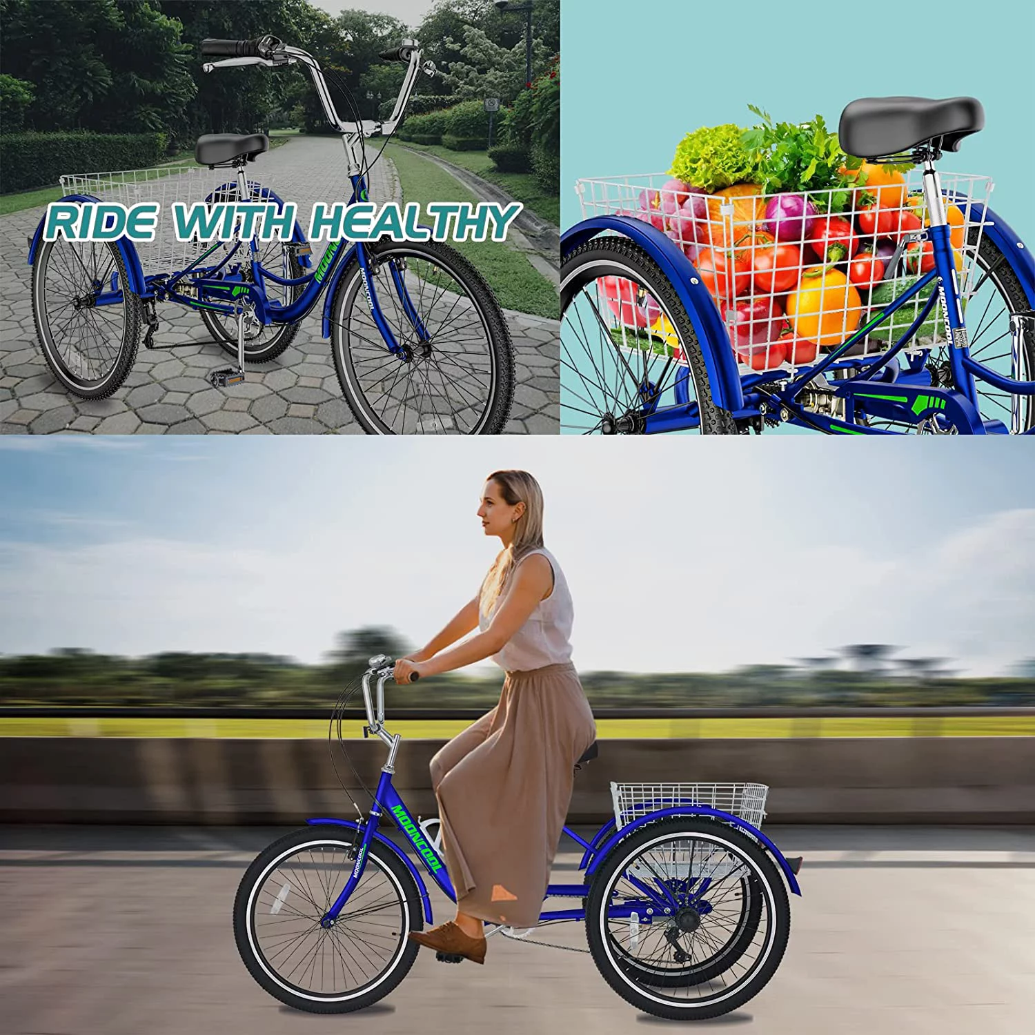 MOONCOOL Adult Tricycles, 3 Wheel 7 Speed Trikes, 20/24/26 inch Adult Trikes 3 Wheeled Bike with Basket for Seniors, Women, Men - Womvr