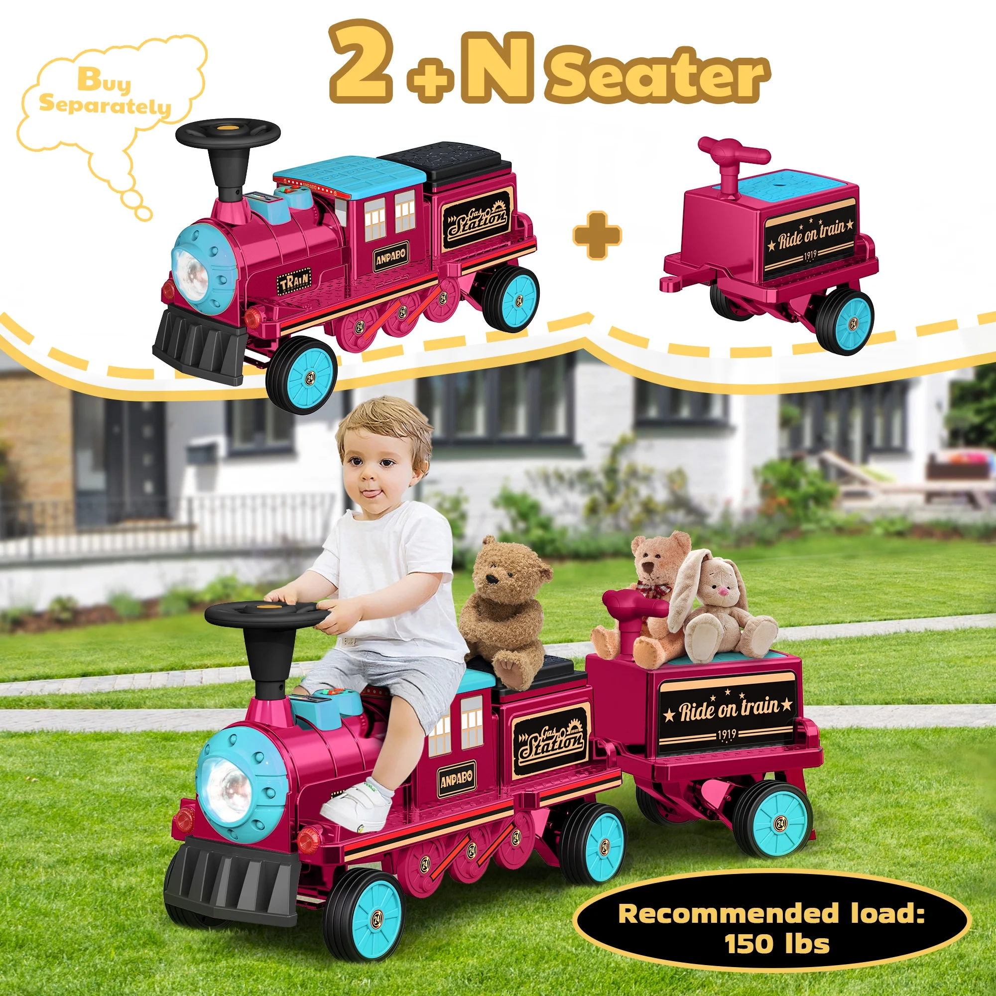 TOKTOO 12Volt 2 Seater Kids Ride on Train W/ Rubber Wheels, Storage Box, LED Headlight, Music Player-Black Red - Womvr