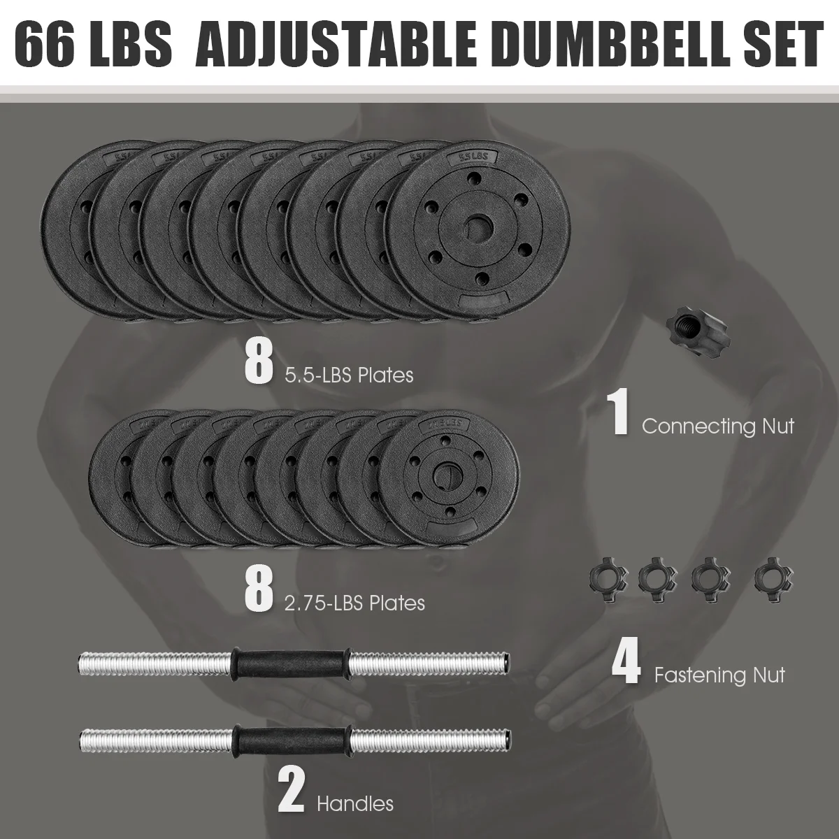Costway 66 LB Dumbbell Weight Set Fitness 16 Adjustable Plates Workout - Womvr