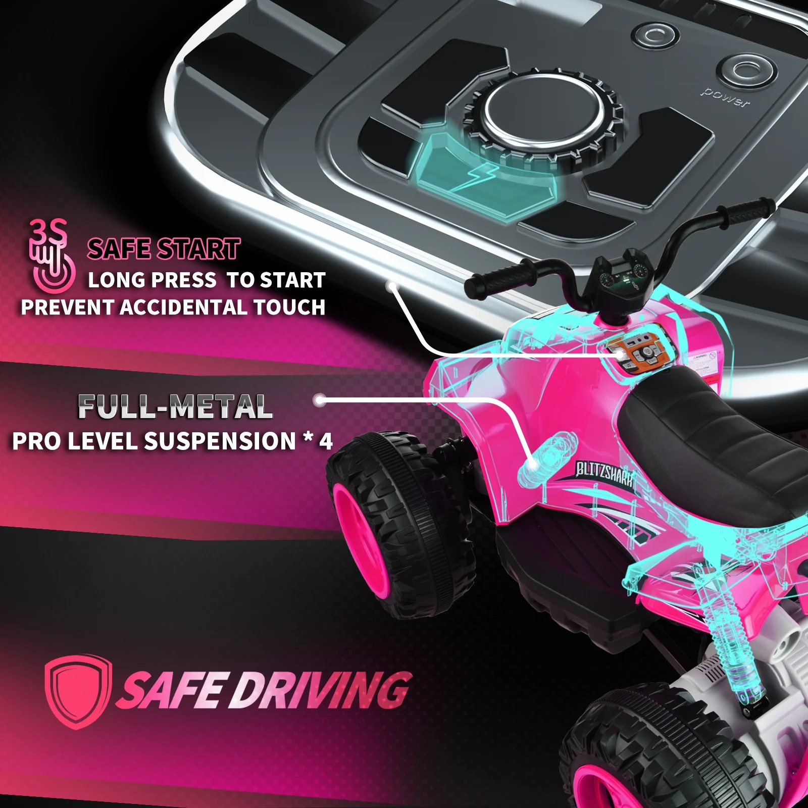 Blitzshark 24V Kids Ride on ATV 4WD Quad Powerful 4-Wheeler, with Big Battery, 6 MPH Speed, Metal Suspension, Police Rider - Womvr