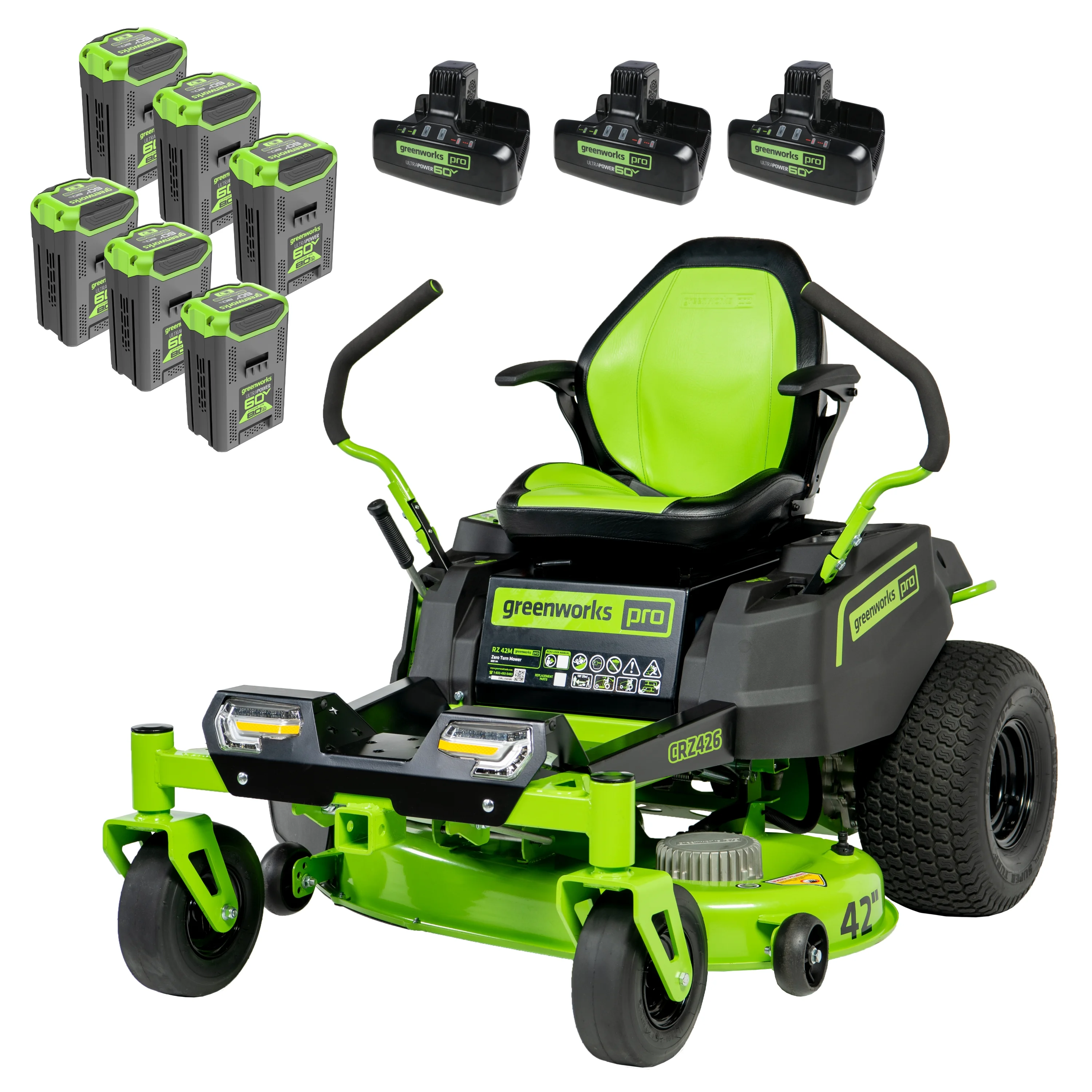 Greenworks 60V 42�� Cordless Battery Crossover-Z Zero Turn Riding Lawn Mower with Six (6) 8Ah Batteries & Three (3) Dual Port Turbo Chargers 7409302 - Womvr