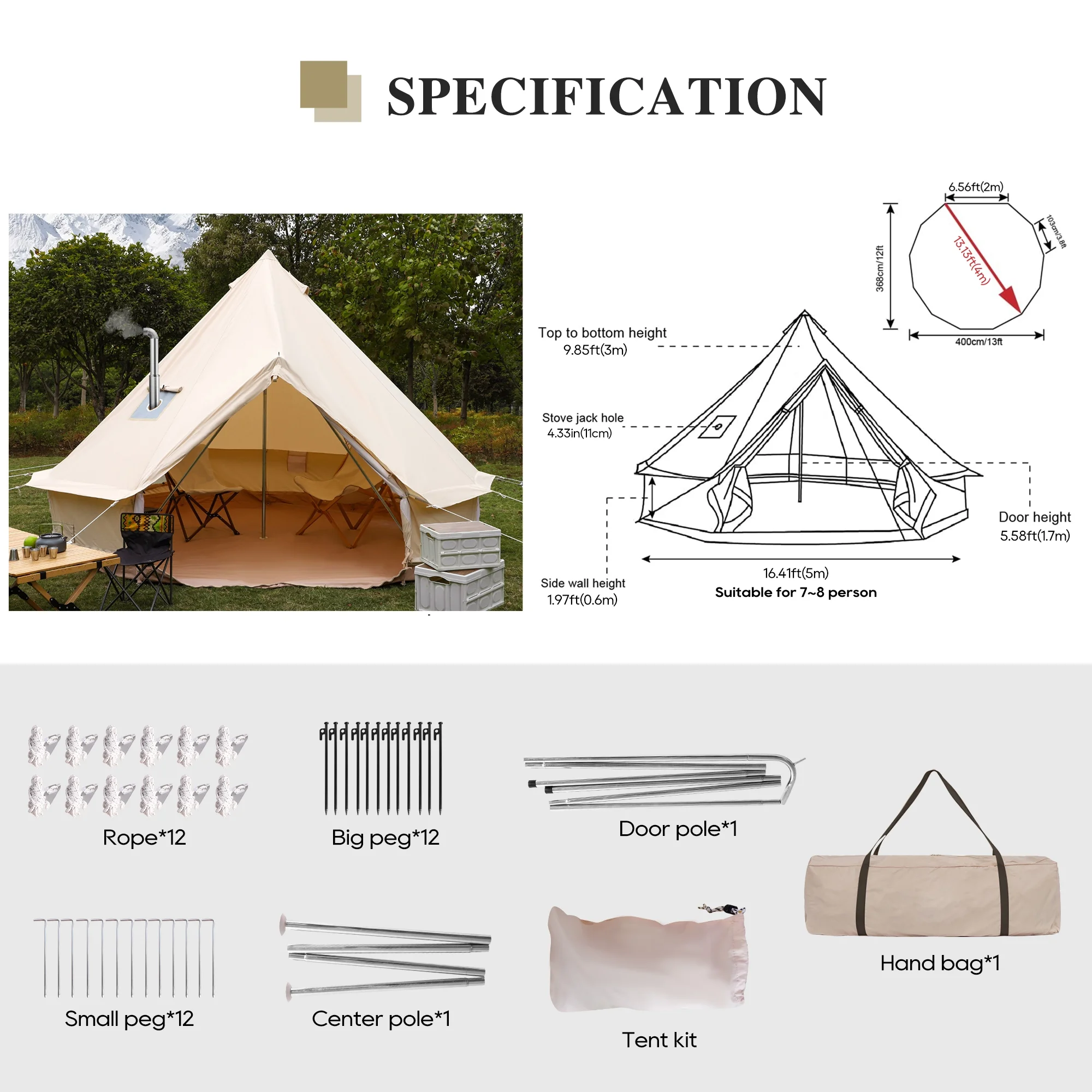 LVUYOYO Bell Tent for Camping, Cotton Canvas Bell Tent with Stove Jack, Outdoor Canvas Bell Tent for Family Glamping Camping, 4 Season Tent with Zipped Removable Floor,5M,Green - Womvr