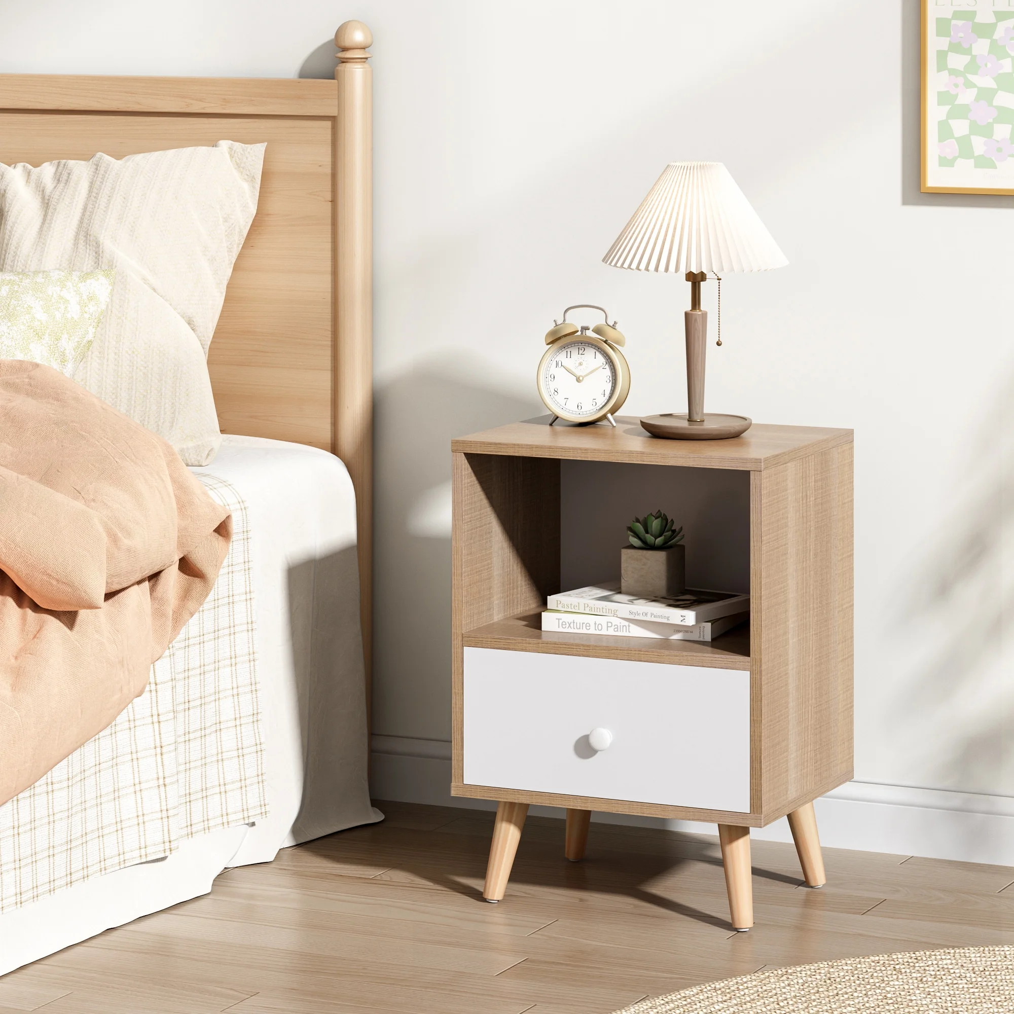 JAXPETY Nightstands Set of 2, Night Stand with 1 Drawer and Open Shelf Storage, End Table, Side Table, for Bedroom, Living Room, Natural Wood & White - Womvr
