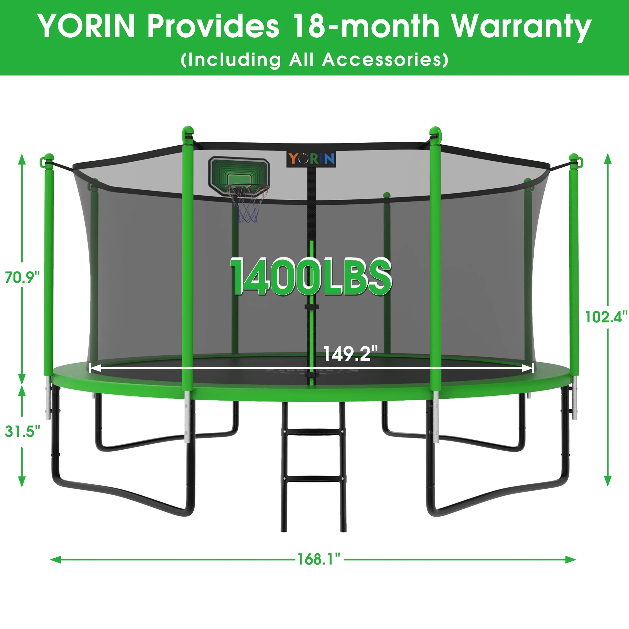 YORIN 1200LBS 12FT 14FT 15FT Trampoline for Kids Adults, Trampoline with Safety Enclosure Net, Basketball Hoop and Ladder, Outdoor Heavy-Duty Trampoline - Womvr