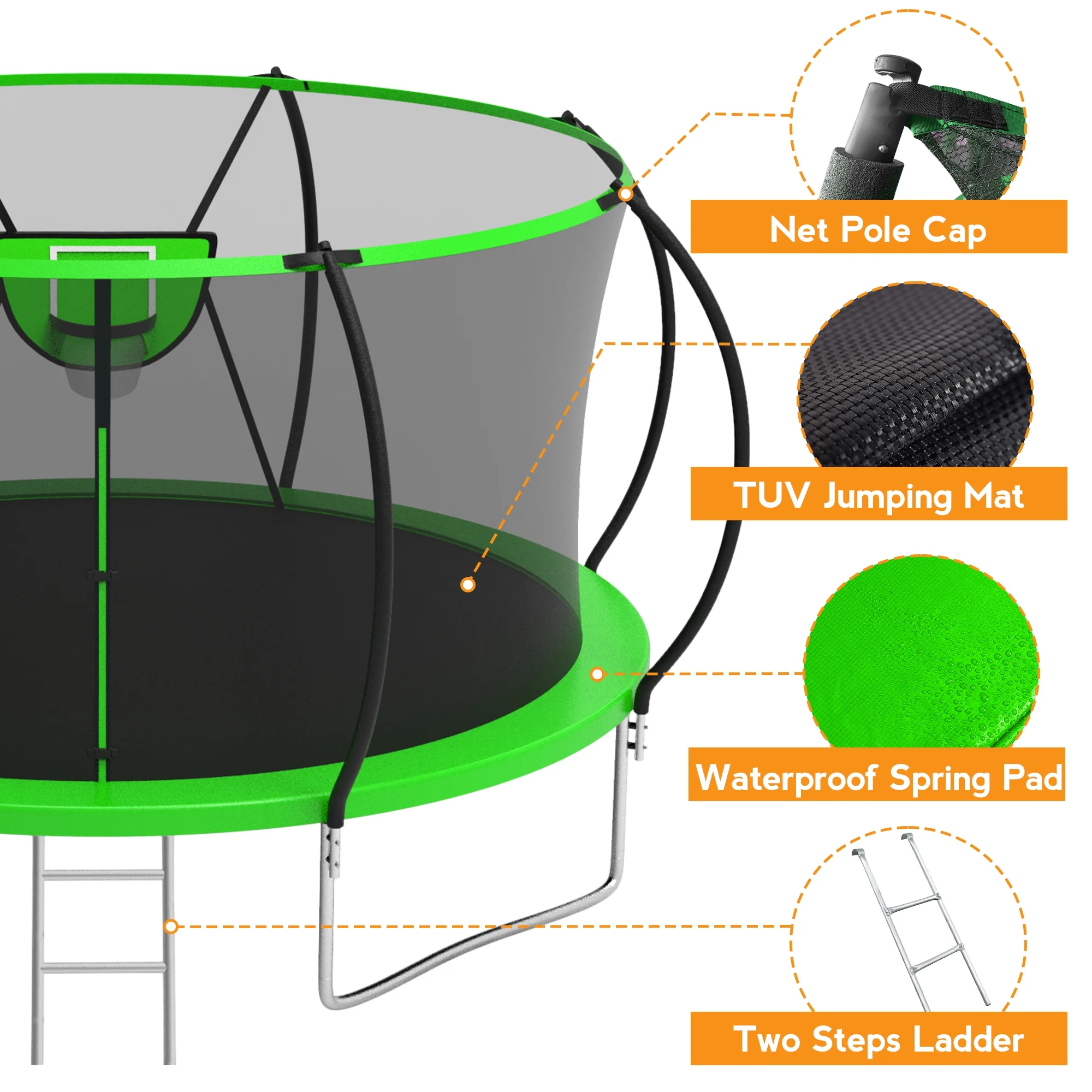 KOFUN Trampoline with Basketball Hoop & Light, 1500lbs 10FT 12FT 14FT 16FT Trampoline for Adults and Kids, No Gap Design Backyard Trampoline with Enclosure Net, Ladder, Green - Womvr