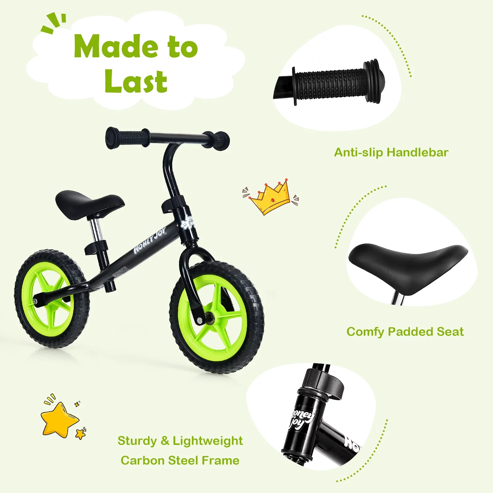 Infans Kids Balance Bike No Pedal Training Bicycle w/Adjustable Handlebar & Seat Yellow - Womvr