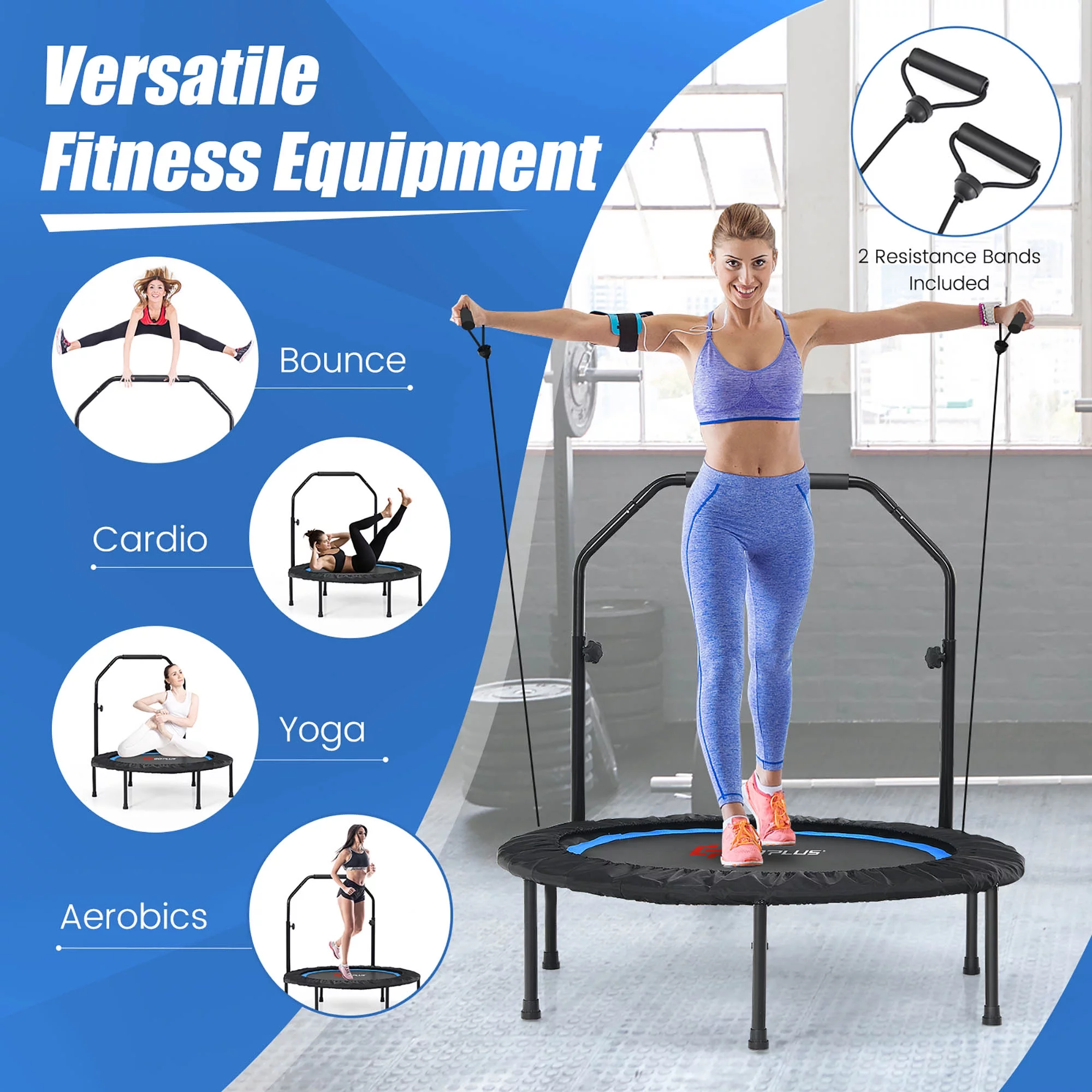 Costway 40'' Foldable Trampoline Fitness Rebounder with Resistance Bands Adjustable Home Green - Womvr