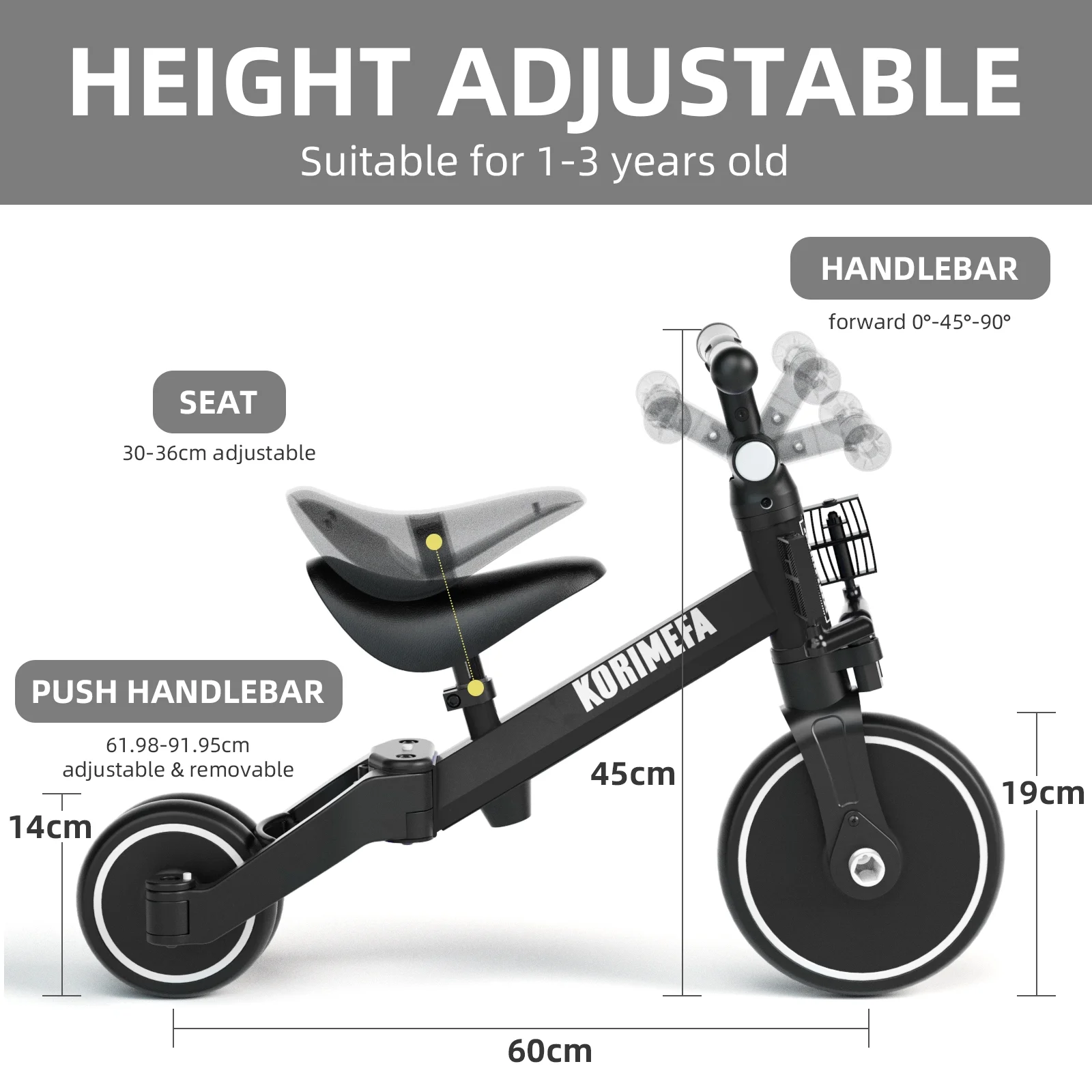 KORIMEFA Toddler Bike with Push Handle, Toddler Tricycle for Age 1 to 3 Years Old Boy Girl, Baby Bike Balance Bike - Womvr