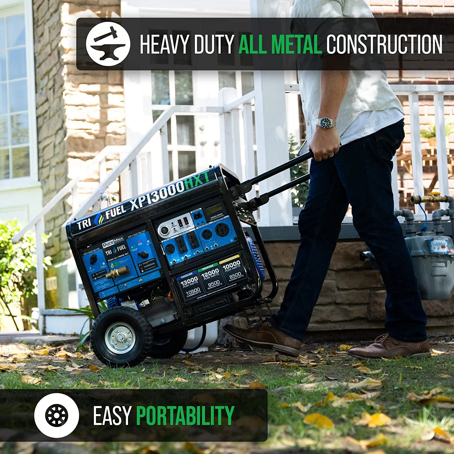 DuroMax XP13000HXT 13,000 Watt Electric Start Tri-Fuel Natural Gas/Propane/Gas Powered Portable Generator w/ CO Alert - Womvr