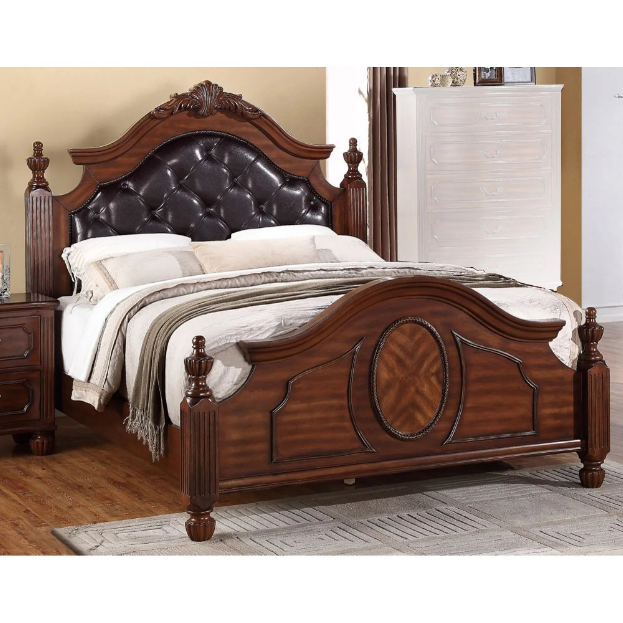 Transitional Wooden E.King Bed With PU HB & Circular Floral Design. Cherry Finish - Womvr