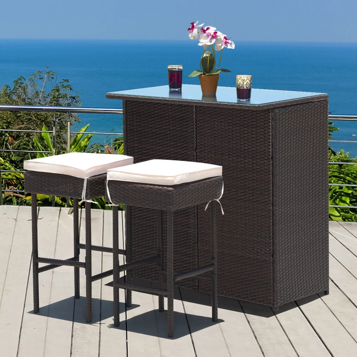 Costway 3PCS Patio Rattan Wicker Bar Table Stools Dining Set Cushioned Chairs Garden - Womvr