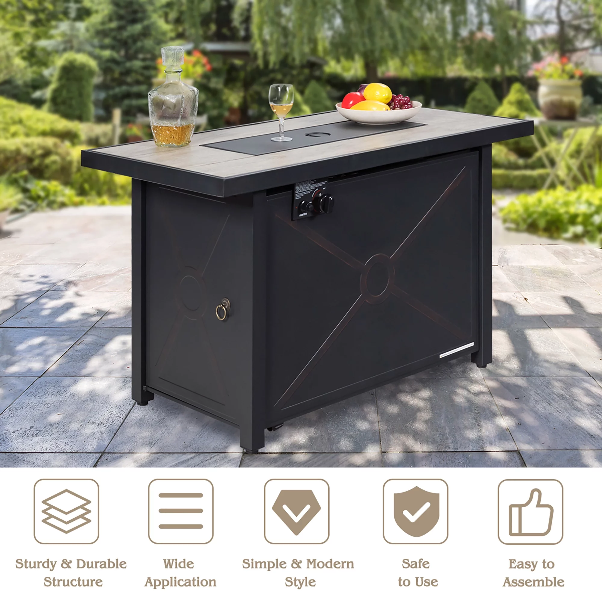Costway 60,000 BTU Outdoor Rectangle Gas Fire Table W/ Ceramic Tabletop Ideal for Backyard Poolside - Womvr
