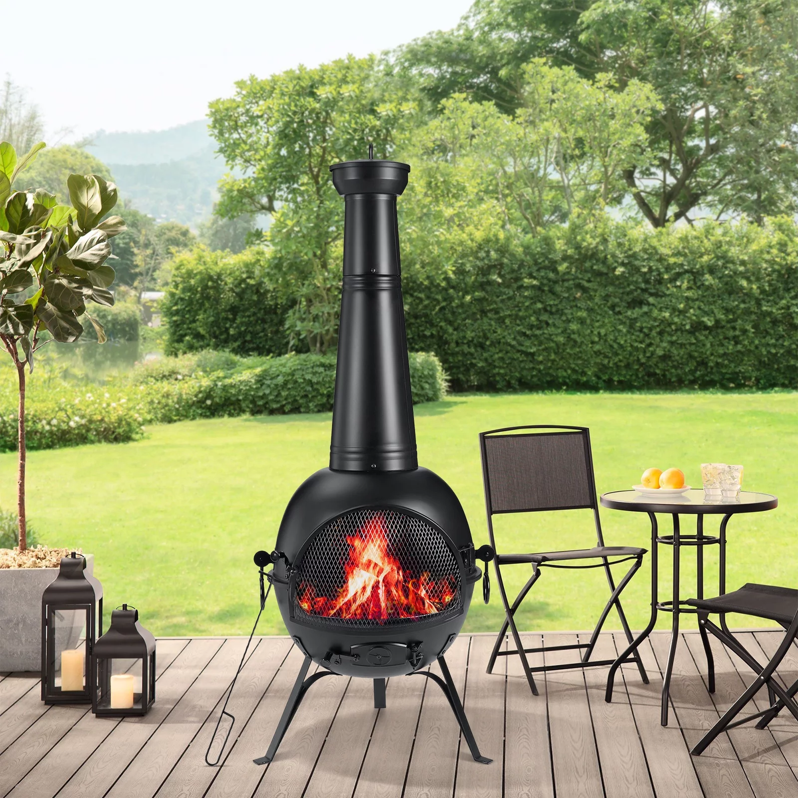 SinglyFire Chiminea Outdoor Fireplace Wood Burning Chimenea Metal Cast Iron Fire Pit with Cover Rain Lids for Backyard Garden Camping Patio Heater - Womvr
