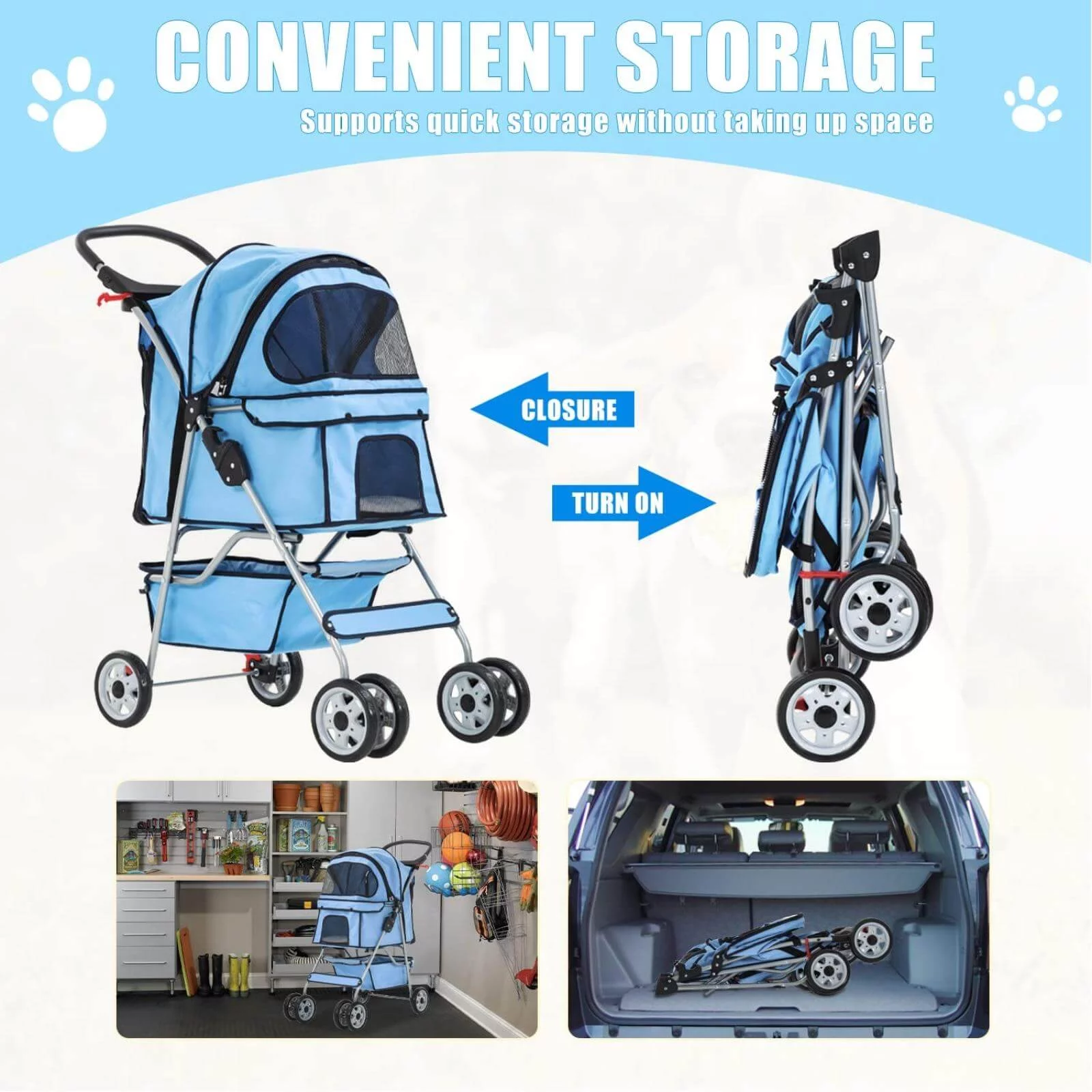 4 Wheels Pet Stroller Foldable Dog Stroller Cat Stroller with Storage Basket & Removable Liner, Travel Lite Foldable Carrier Strolling Cart for Dogs Cats, Black - Womvr