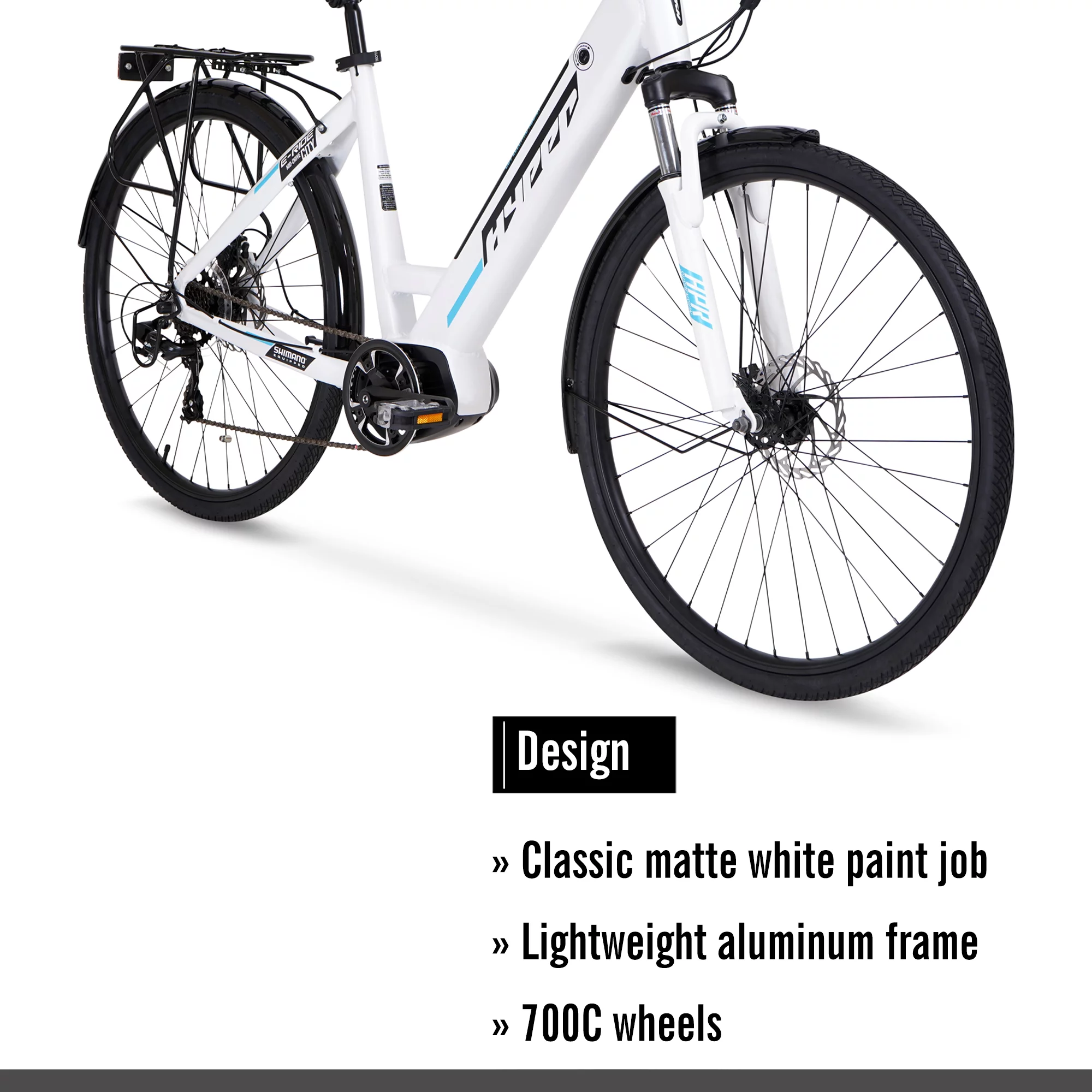 Hyper Bicycles 36V 700C Commuter Electric Bike for Adults, Pedal-Assist, 250W Mid-Drive E-Bike Motor, Matte White - Womvr