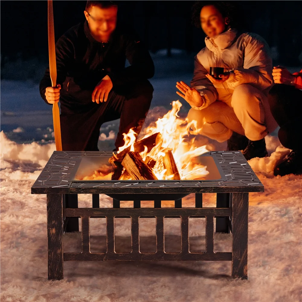Yaheetech 32''Outdoor Metal Square Fire Pit With cover,Black - Womvr