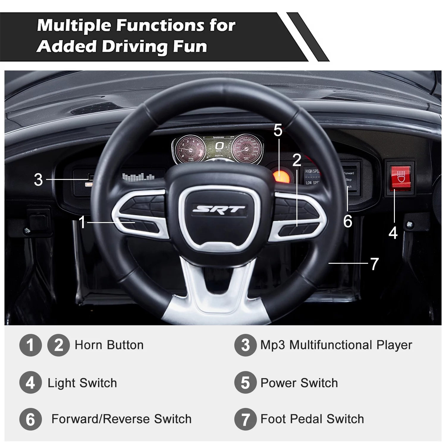 uhomepro Black 12 V Dodge Charger SRT Hellcat Battery Powered Ride on Cars with Remote Control, Bluetooth, LED Light and MP3 Player - Womvr