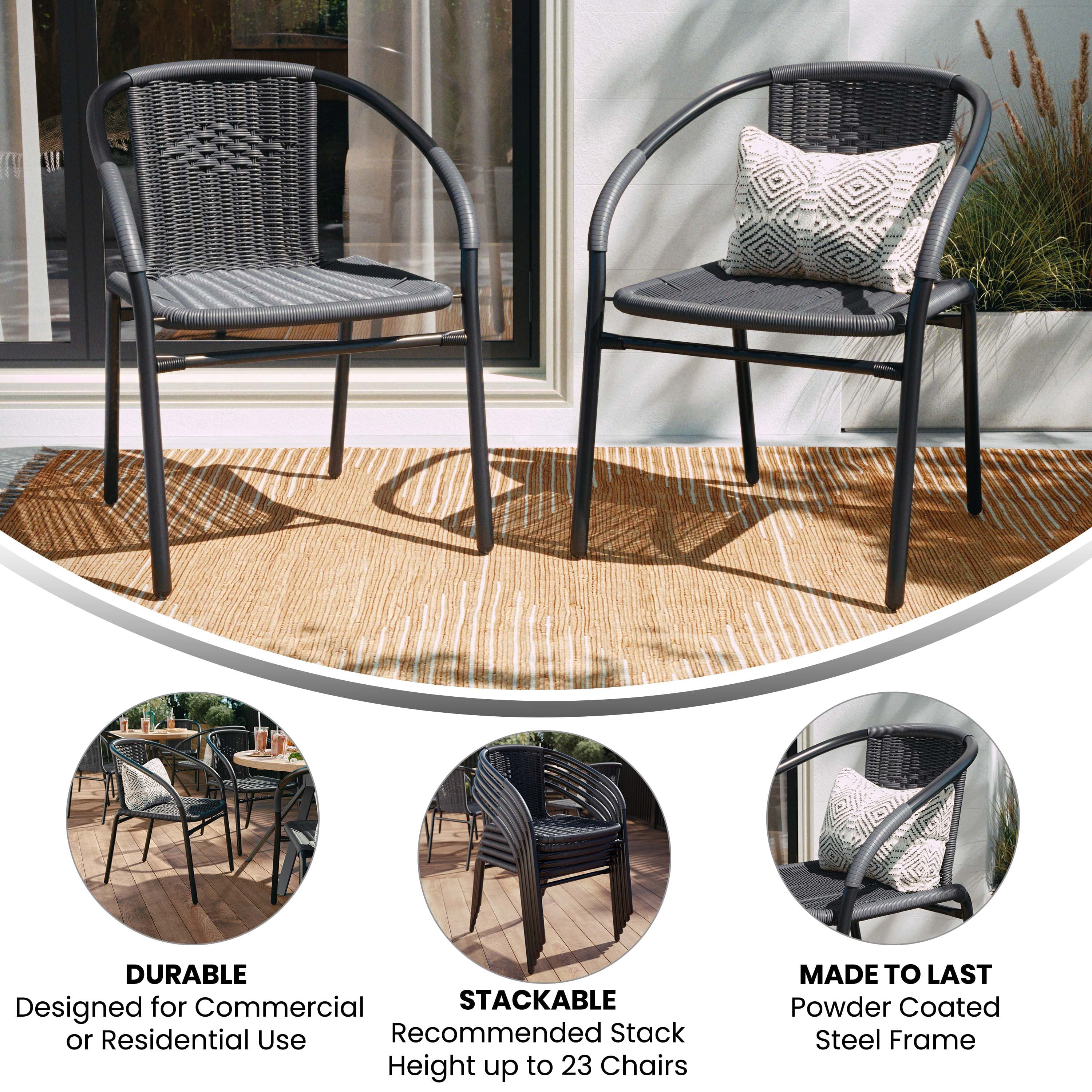 Emma + Oliver 2 Pack Gray Rattan Indoor-Outdoor Restaurant Stack Chair with Curved Back - Womvr