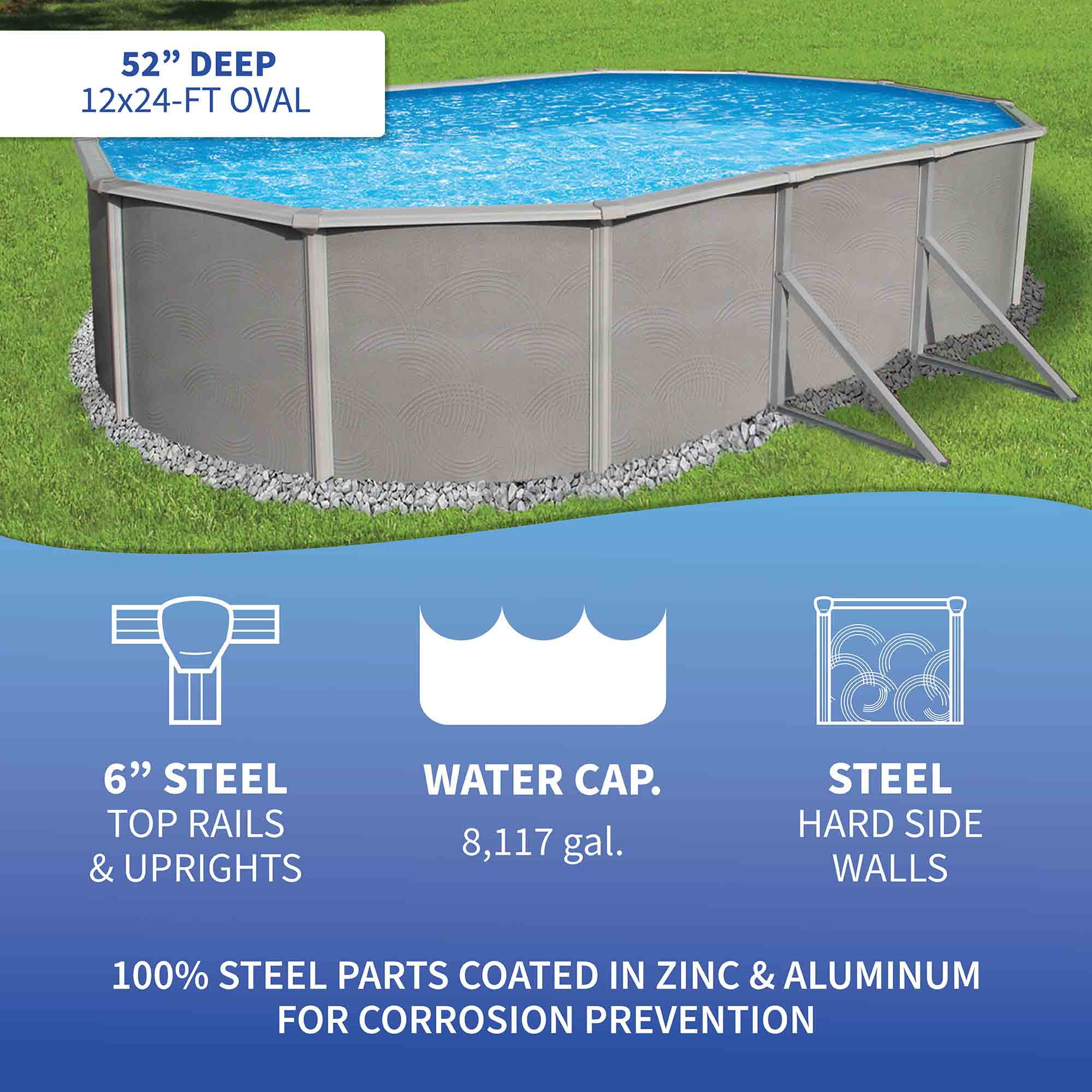 Belize 12-ft x 24-ft Oval 52-in Deep 6-in Top Rail Metal Wall Swimming Pool Package - Womvr