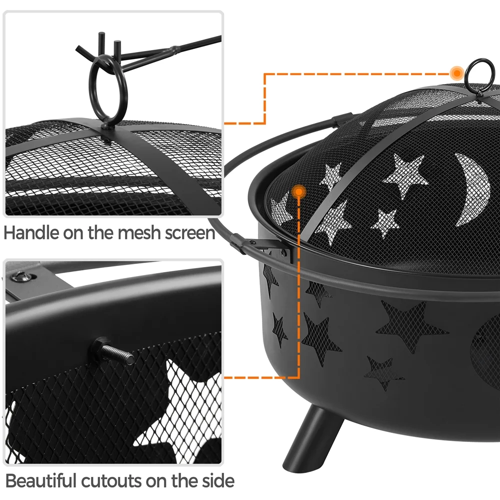 Alden Design Iron Fire Pit with Poker Mesh Cover for BBQ Backyard Patio, Black - Womvr