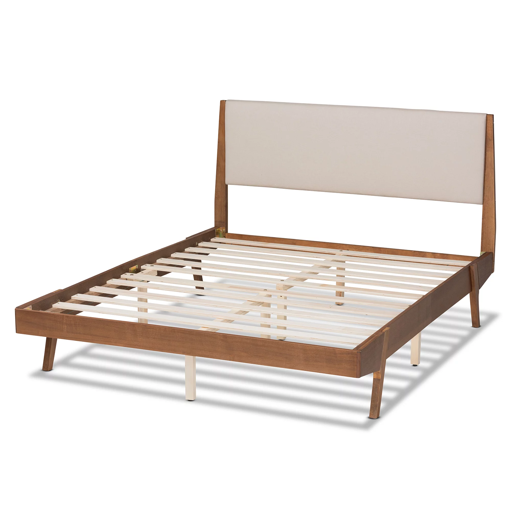 Baxton Studio Sennae Mid-Century Modern Beige Fabric Upholstered and Walnut Brown Finished Wood Queen Size Platform Bed - Womvr