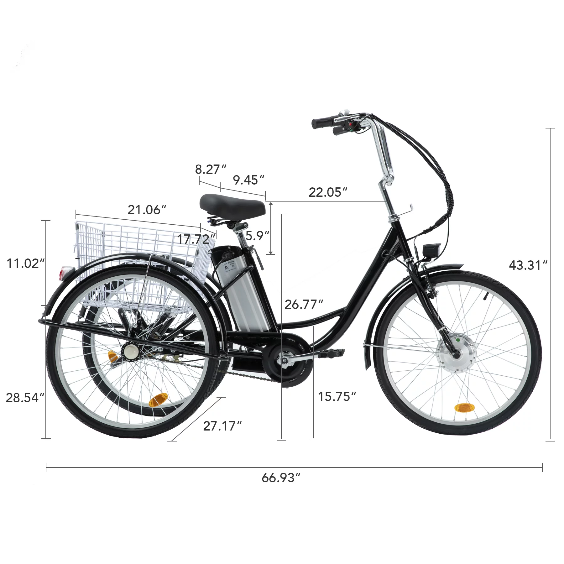 VIRIBUS 24 Inch Electric Trike Bike for Adults 250w 36V 3 Wheel Electric Bicycle for Women Men, Black - Womvr
