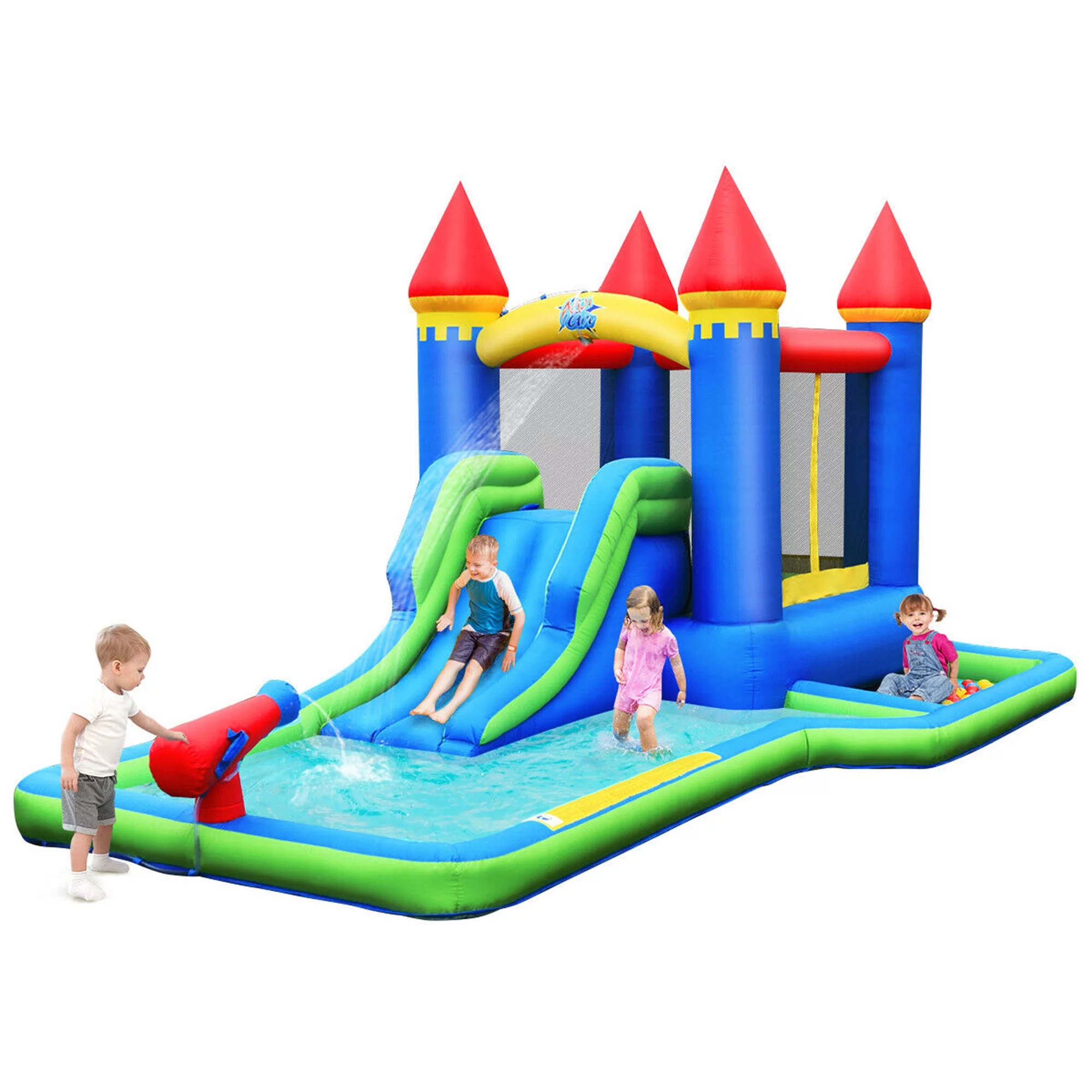 Gymax Inflatable Bouncer Climbing Slide Bounce House Water Park BallPit Without Blower - Womvr