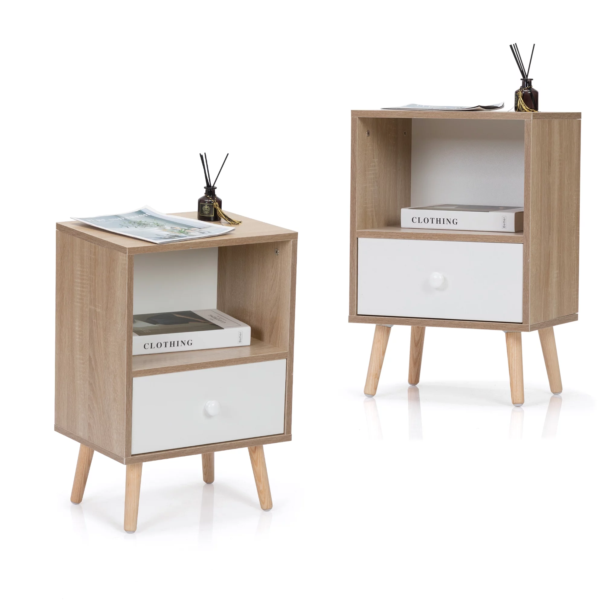 JAXPETY Nightstands Set of 2, Night Stand with 1 Drawer and Open Shelf Storage, End Table, Side Table, for Bedroom, Living Room, Natural Wood & White - Womvr