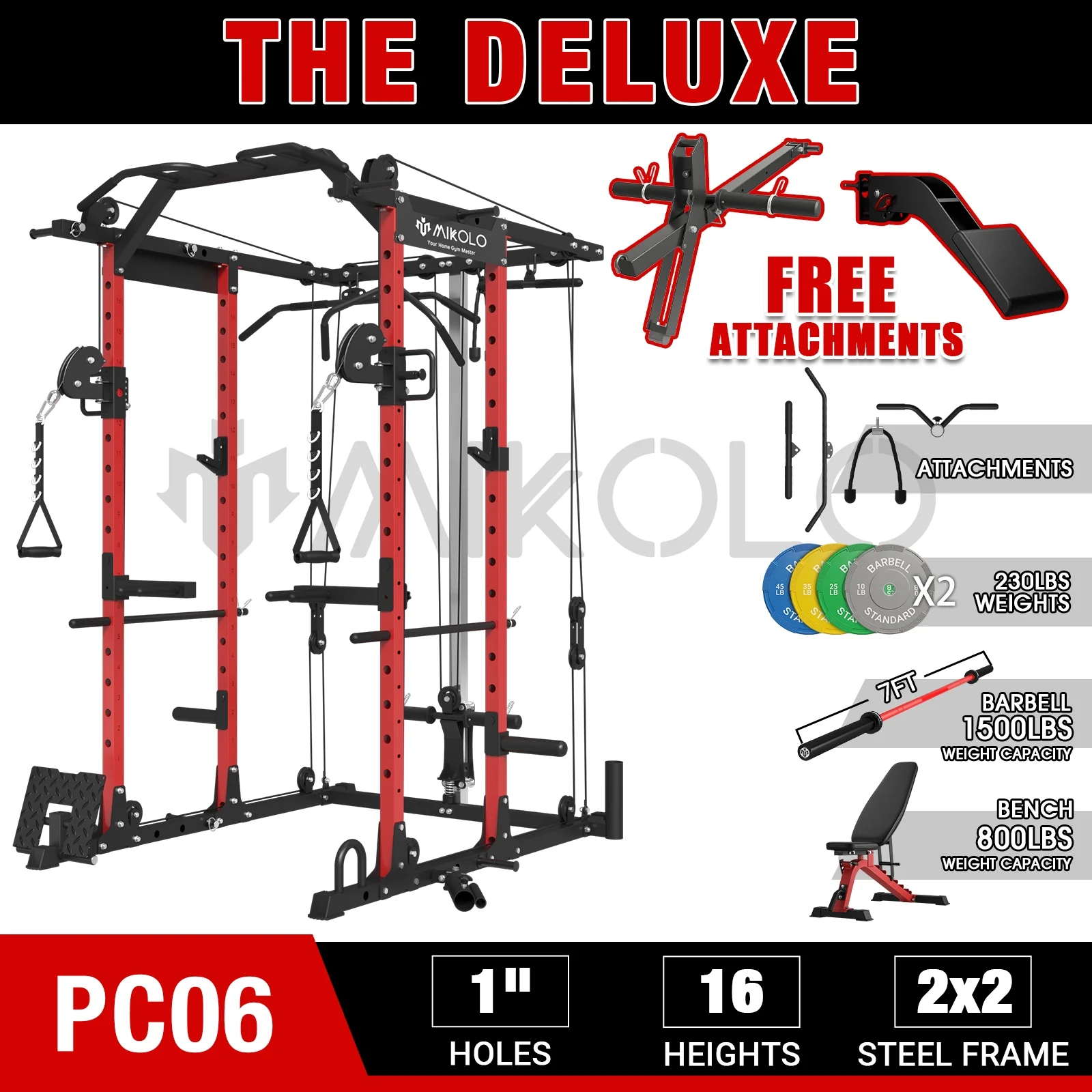 Mikolo Power Rack Cage, 1500 lbs Weight Rack with Cable Crossover Machine,Multi-Function Squat Rack with J Hooks,Dip Bars and Landmine for Home Gym (Red), Plate Loaded Machine - Womvr