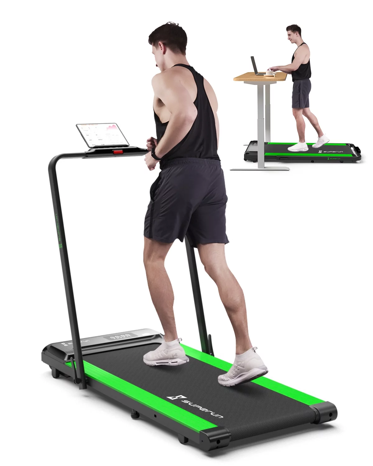 Superun 2 in 1 Folding Treadmill 3 HP Indoor Walking pad with 300lbs Capacity & APP Bracelet & Wider Running Belt(Orange) - Womvr