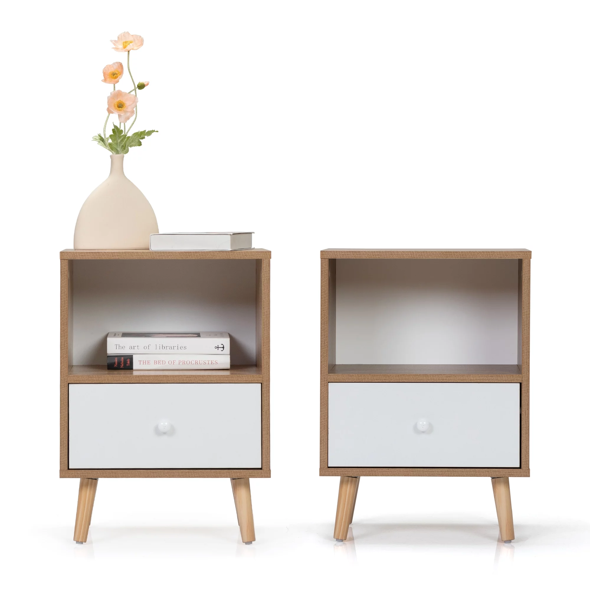 JAXPETY Nightstands Set of 2, Night Stand with 1 Drawer and Open Shelf Storage, End Table, Side Table, for Bedroom, Living Room, Natural Wood & White - Womvr