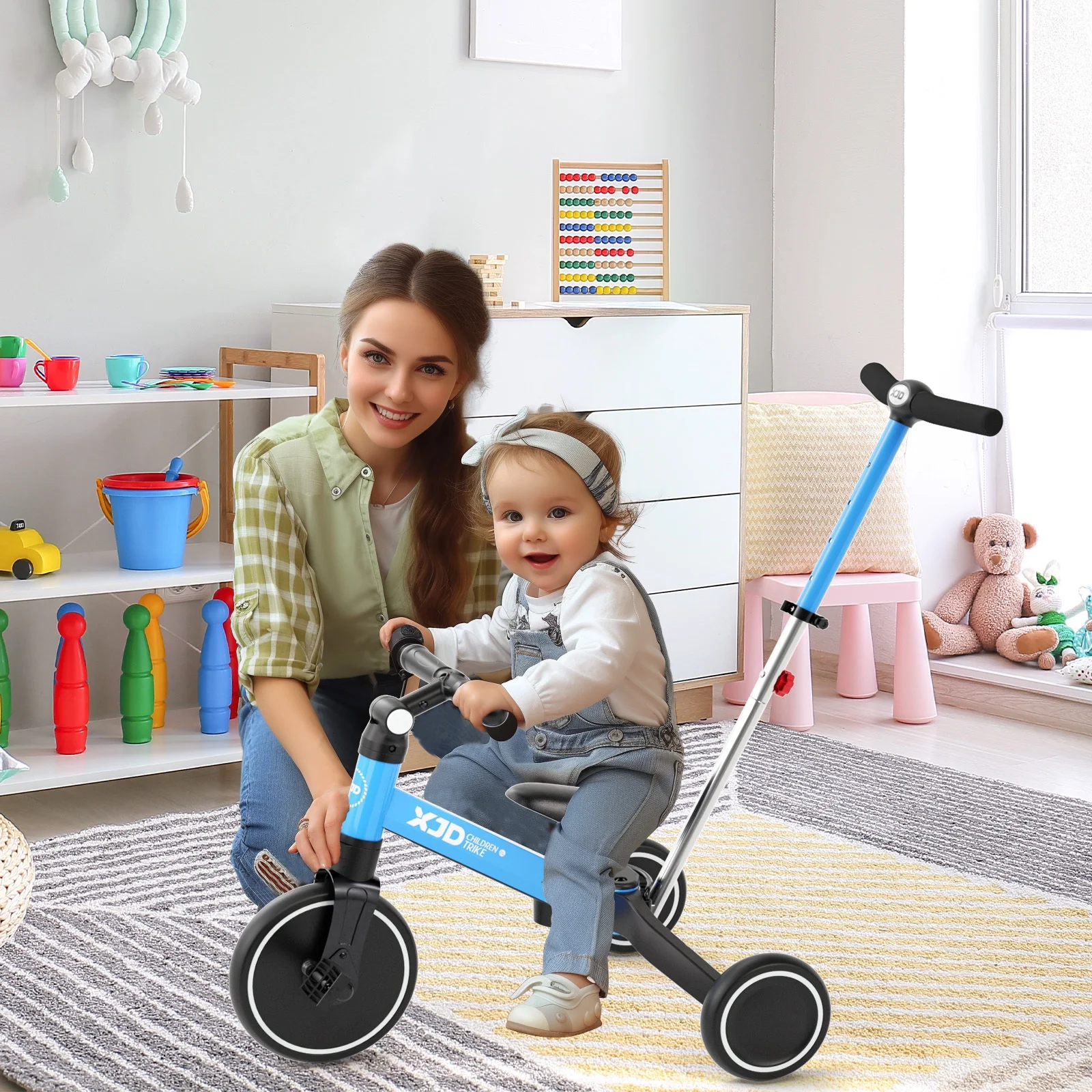 XJD 7 in 1 Toddler Tricycle with Push Handle,Toddler Bike for 1-3 Years Old Boy Girl, Toddler Push Tricycle, Baby Bike Balance Bike with Adjustable Seat Height and Removable Pedal - Womvr